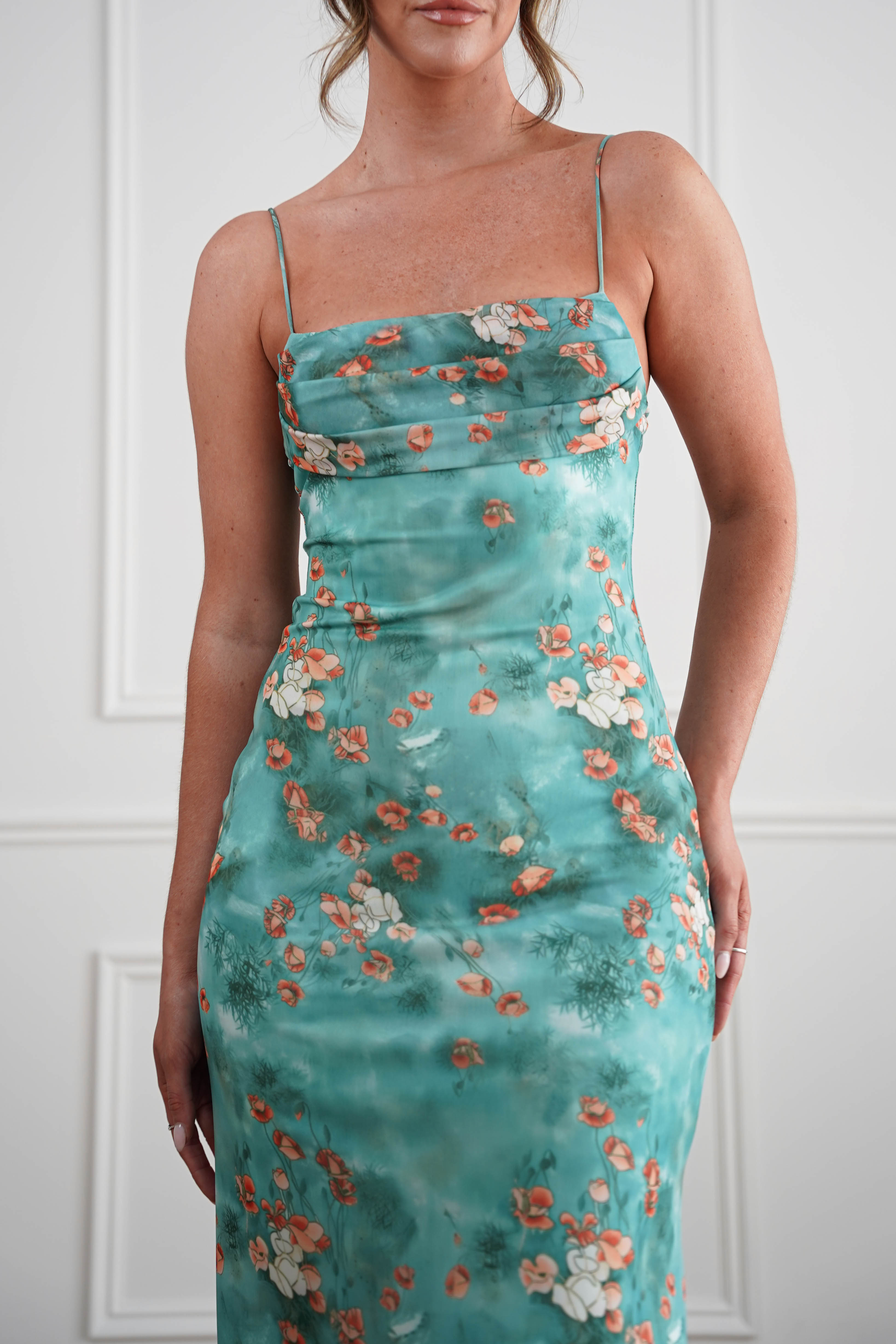 Oh Hello Clothing Women > Clothing > Dresses 1*DONE -INDIKAH-64531D05-Green Floral Cowl Neck Slip Midi Dress