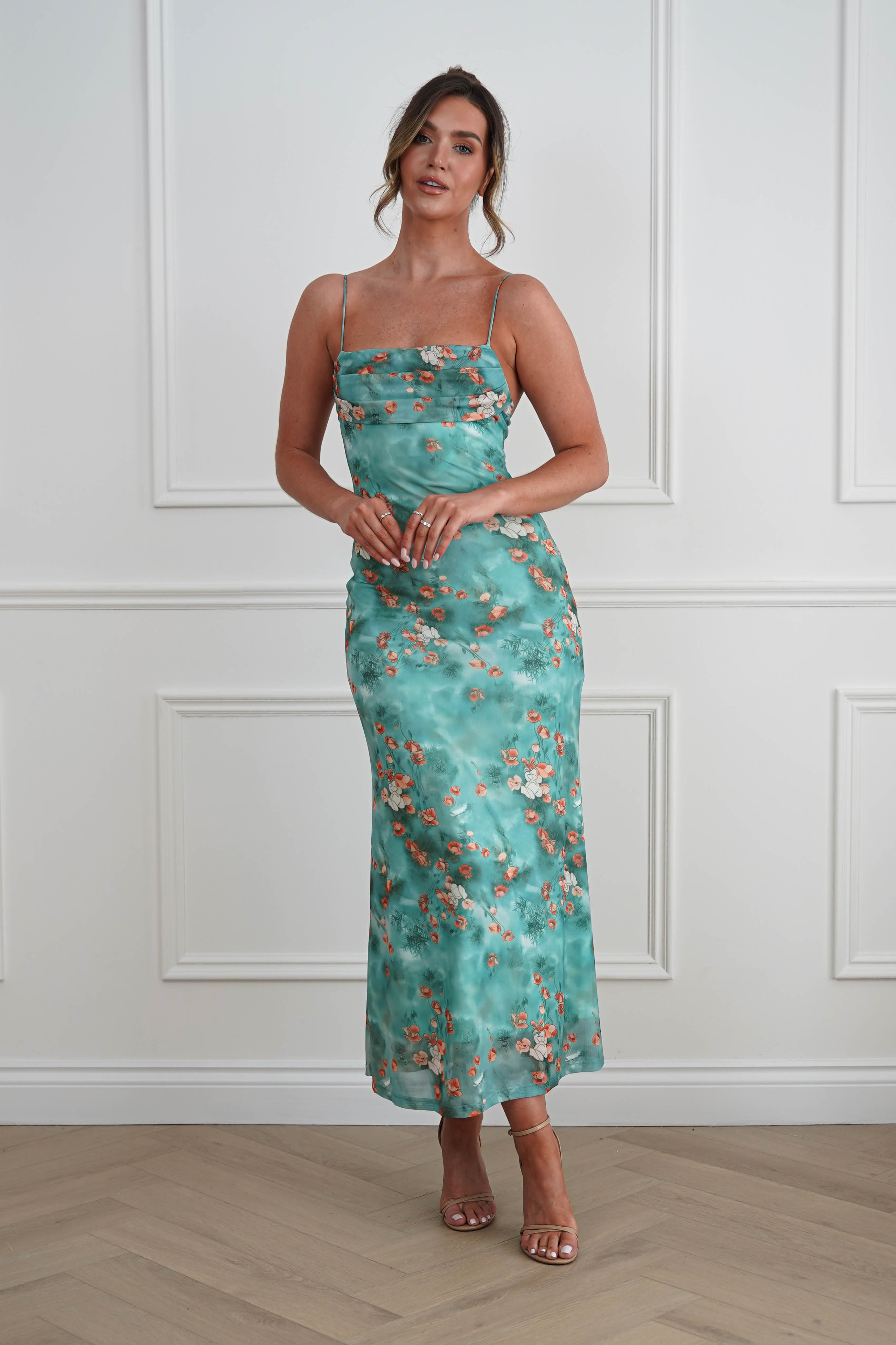 Oh Hello Clothing Women > Clothing > Dresses 1*DONE -INDIKAH-64531D05-Green Floral Cowl Neck Slip Midi Dress