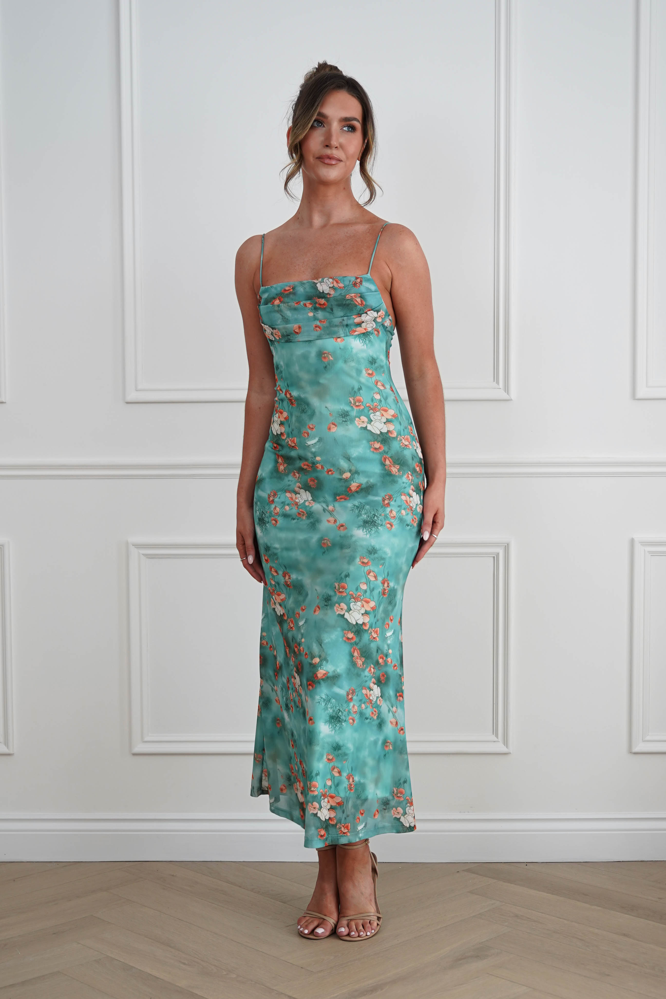 Oh Hello Clothing Women > Clothing > Dresses 1*DONE -INDIKAH-64531D05-Green Floral Cowl Neck Slip Midi Dress
