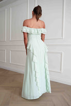 Oh Hello Clothing Dresses > Prom Dresses 1*DONE-INDIKAH-BRO501J- Ruffle Detail Bardot Maxi Dress – Sage Green
