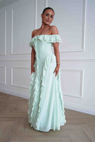 Oh Hello Clothing Dresses > Prom Dresses 1*DONE-INDIKAH-BRO501J- Ruffle Detail Bardot Maxi Dress – Sage Green
