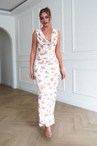 Oh Hello Clothing Dresses > Prom Dresses 1*DONE-INIKAH BRO191J03-Floral Ruched Cowl Neck Midi Dress