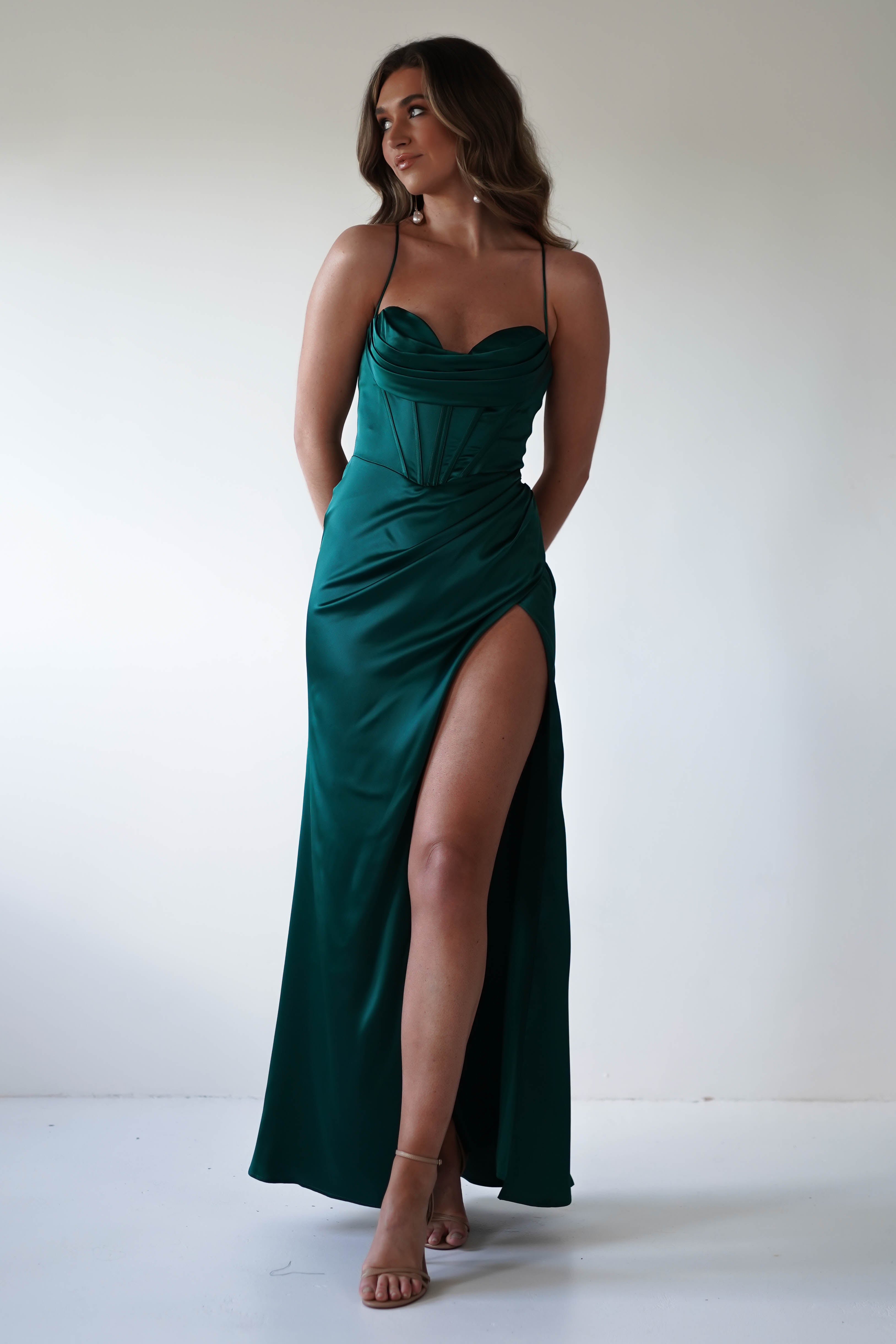 Julianne Corset Satin Gown | Emerald Green | Debs & Prom | Formal Gown | Oh Hello Clothing
