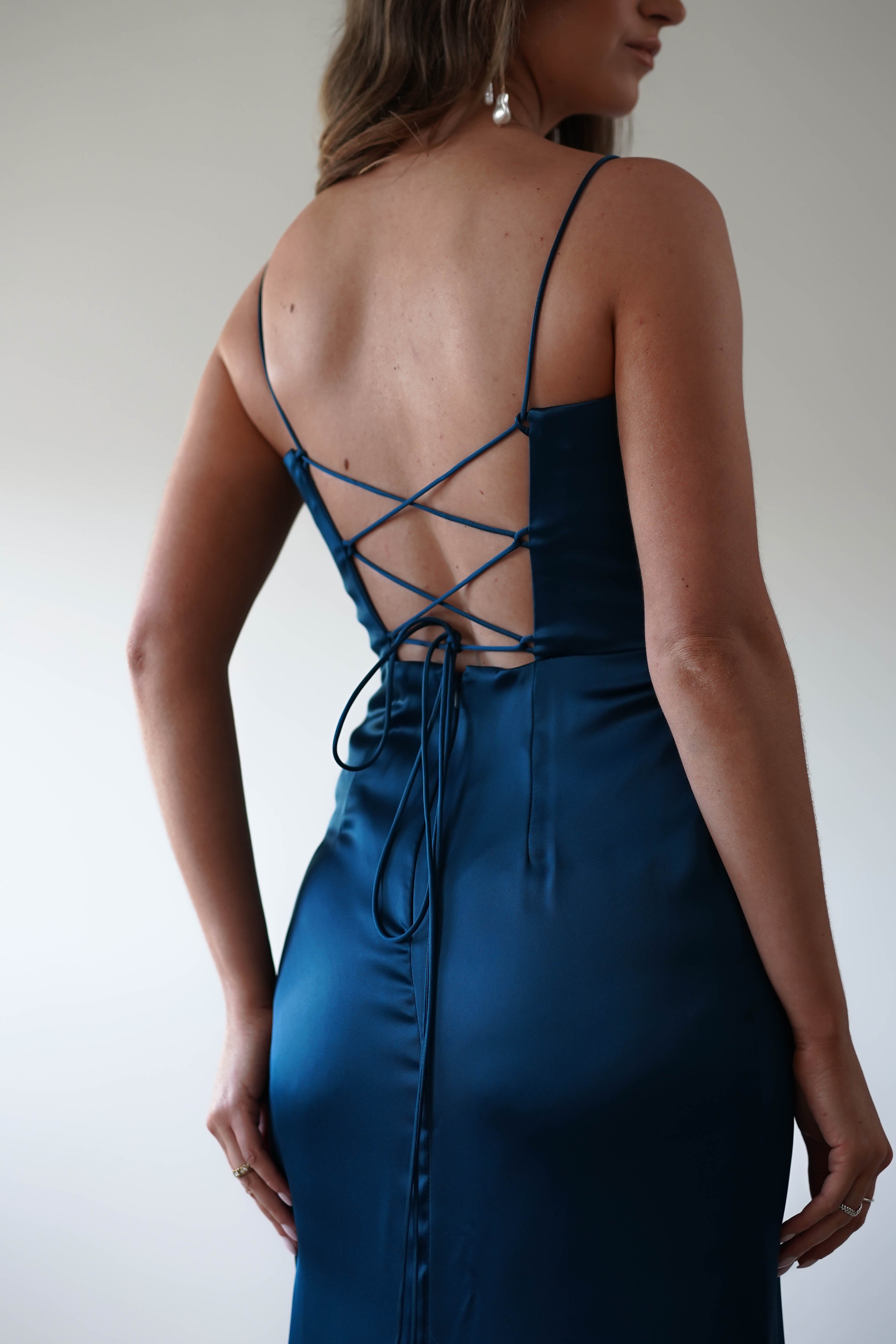 Julianne Corset Satin Gown | French Navy | Debs & Prom | Formal Gown | Oh Hello Clothing