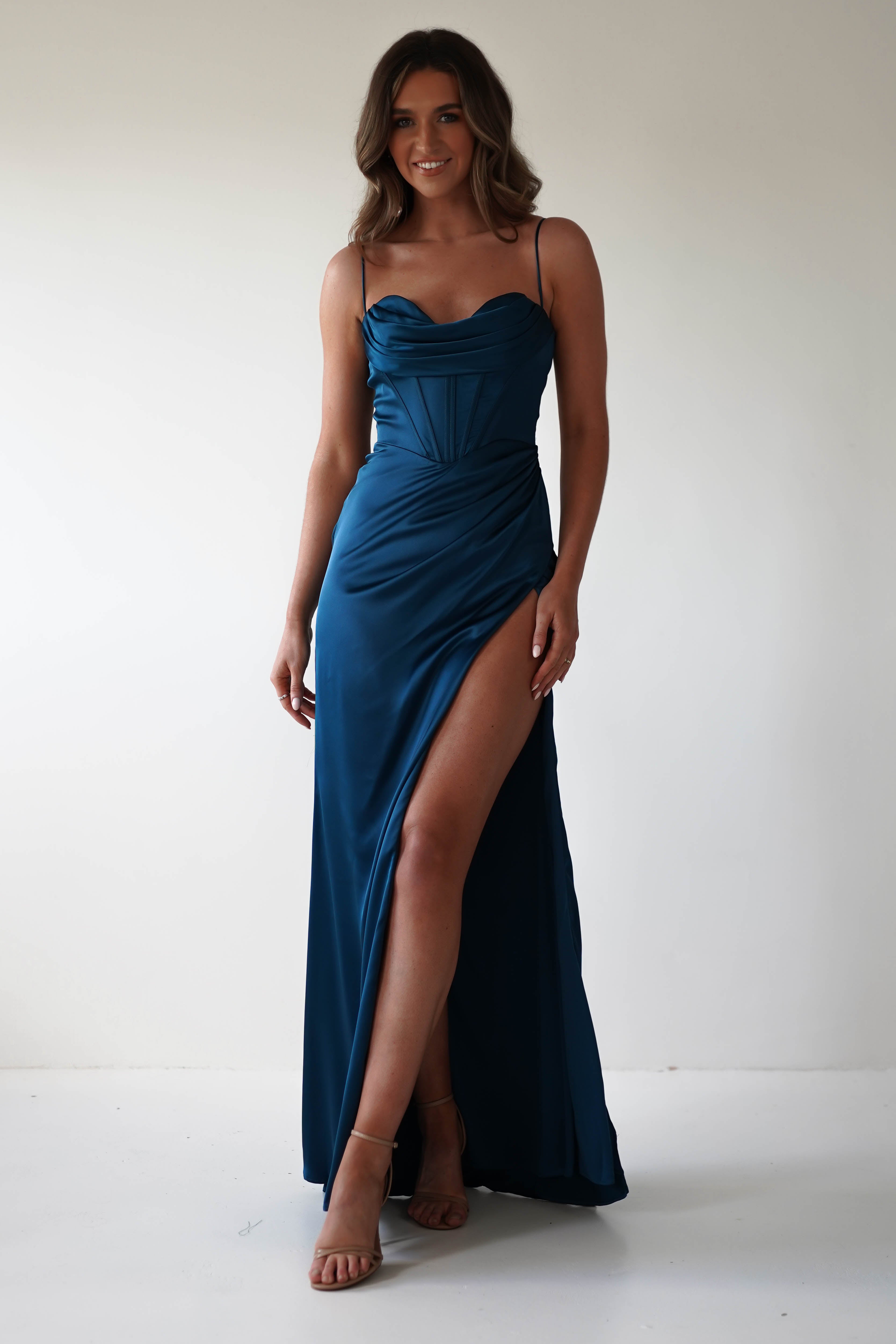 Julianne Corset Satin Gown | French Navy | Debs & Prom | Formal Gown | Oh Hello Clothing
