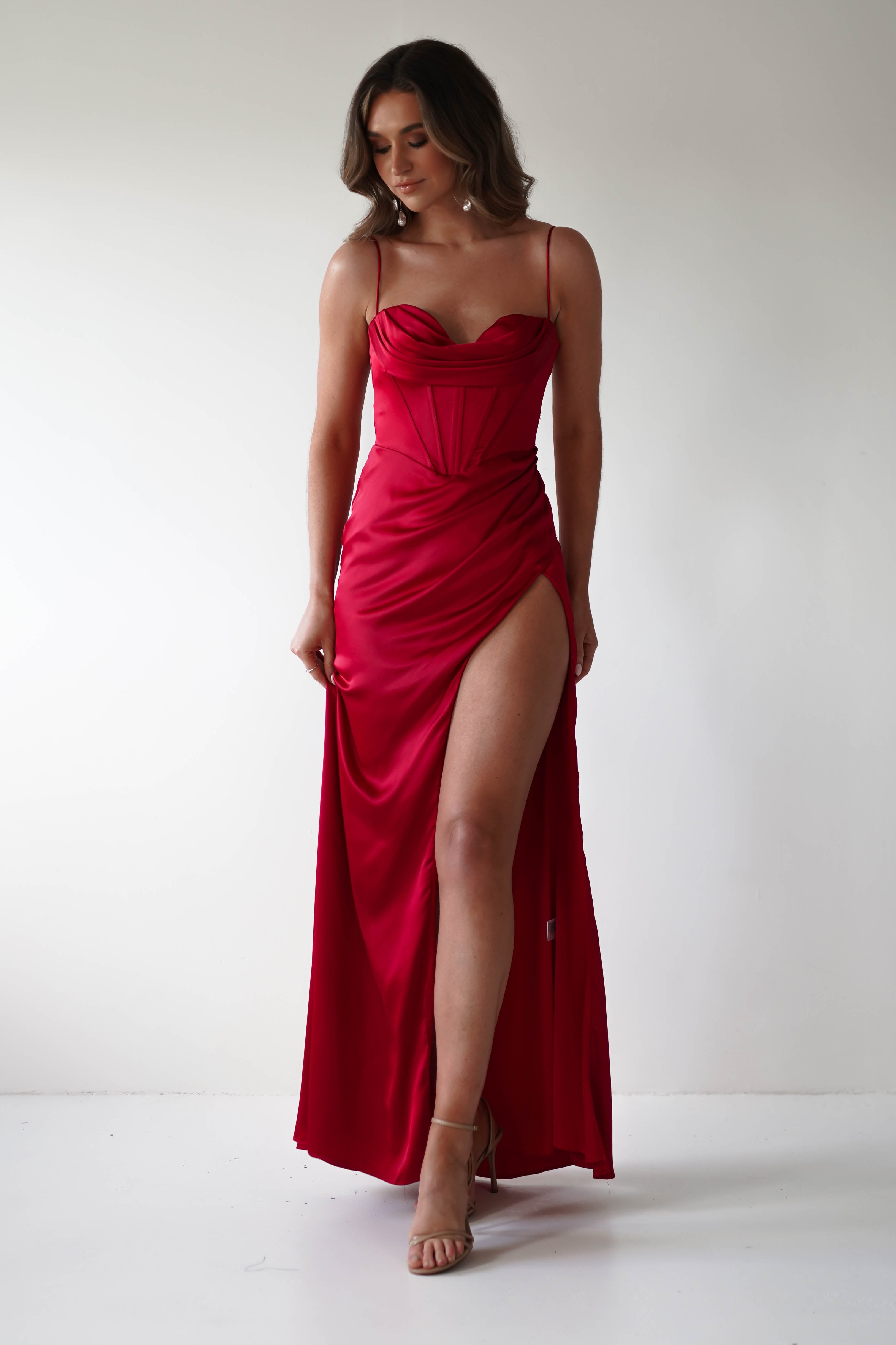 Julianne Corset Satin Gown | Red | Debs & Prom | Formal Gown | Oh Hello Clothing