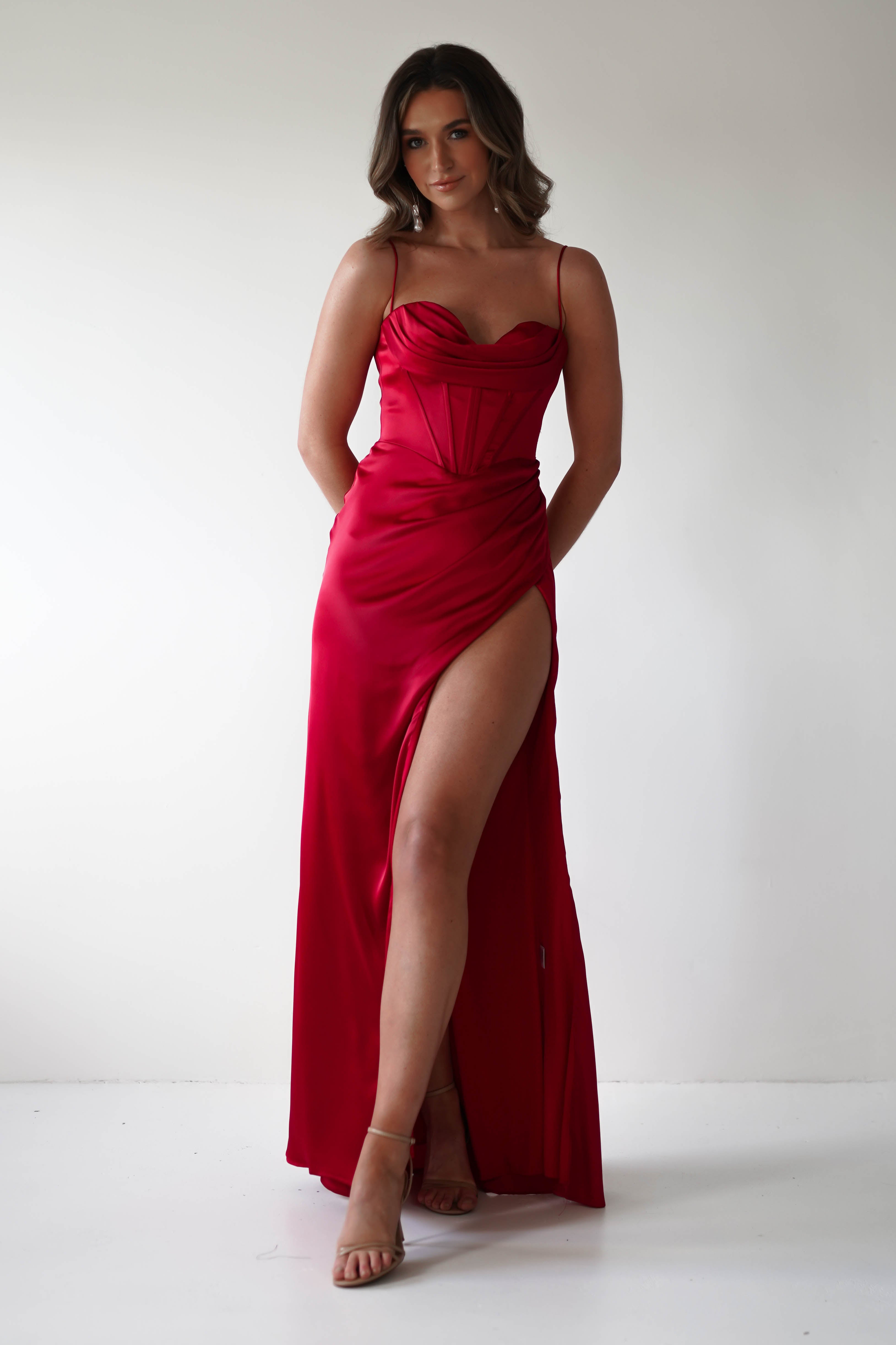 Julianne Corset Satin Gown | Red | Debs & Prom | Formal Gown | Oh Hello Clothing
