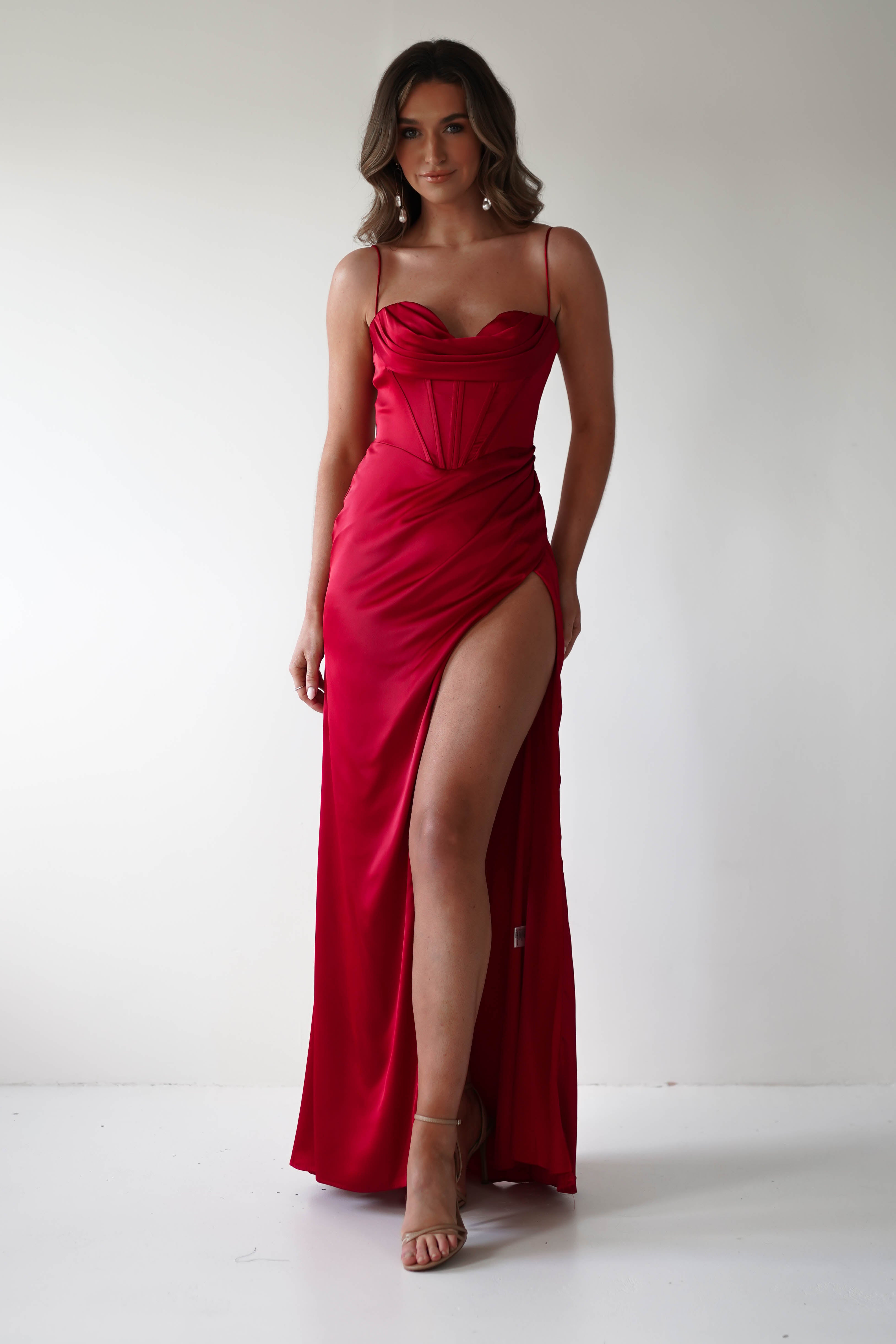 Julianne Corset Satin Gown | Red | Debs & Prom | Formal Gown | Oh Hello Clothing