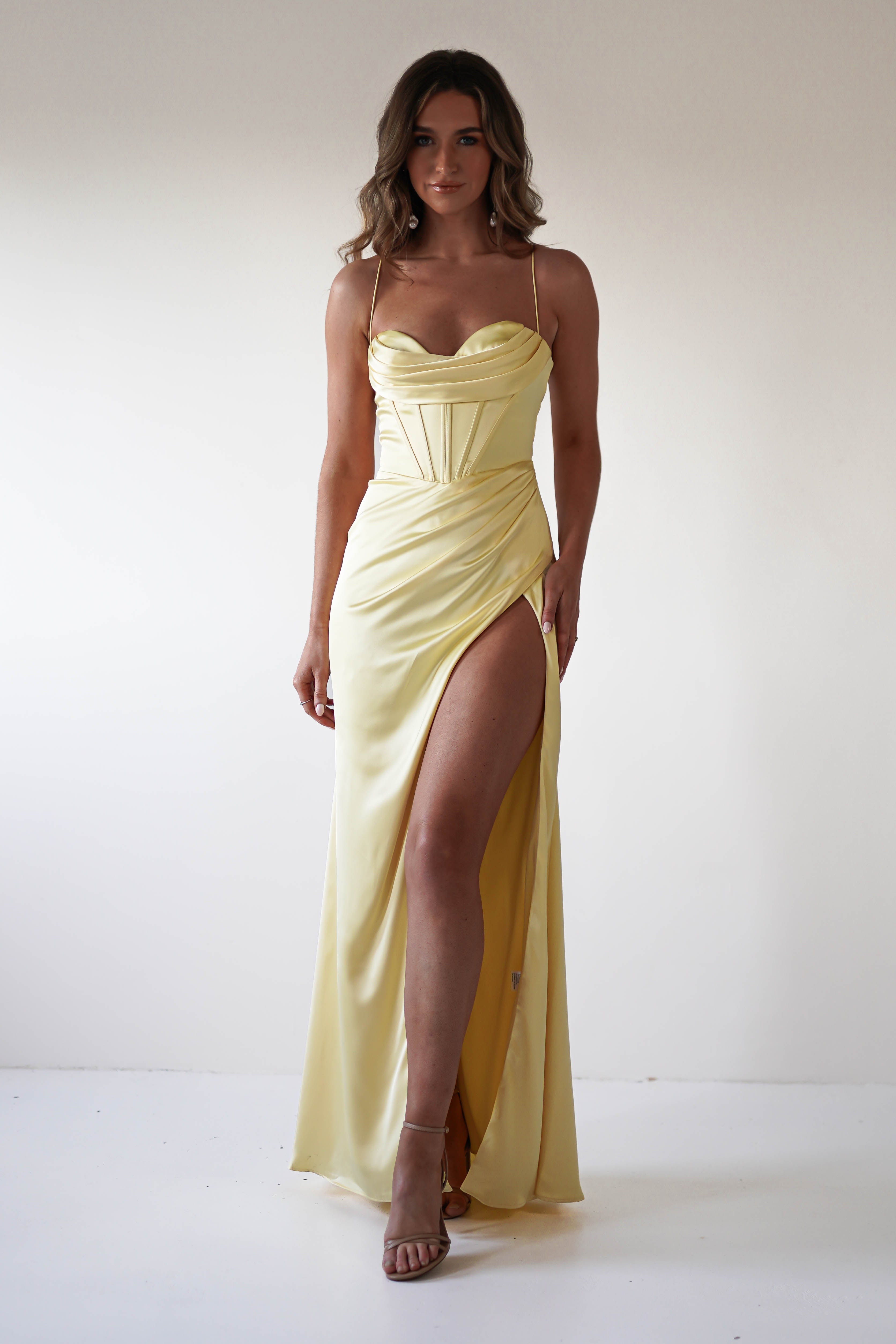 Julianne Corset Satin Gown | Yellow | Debs & Prom | Formal Gown | Oh Hello Clothing