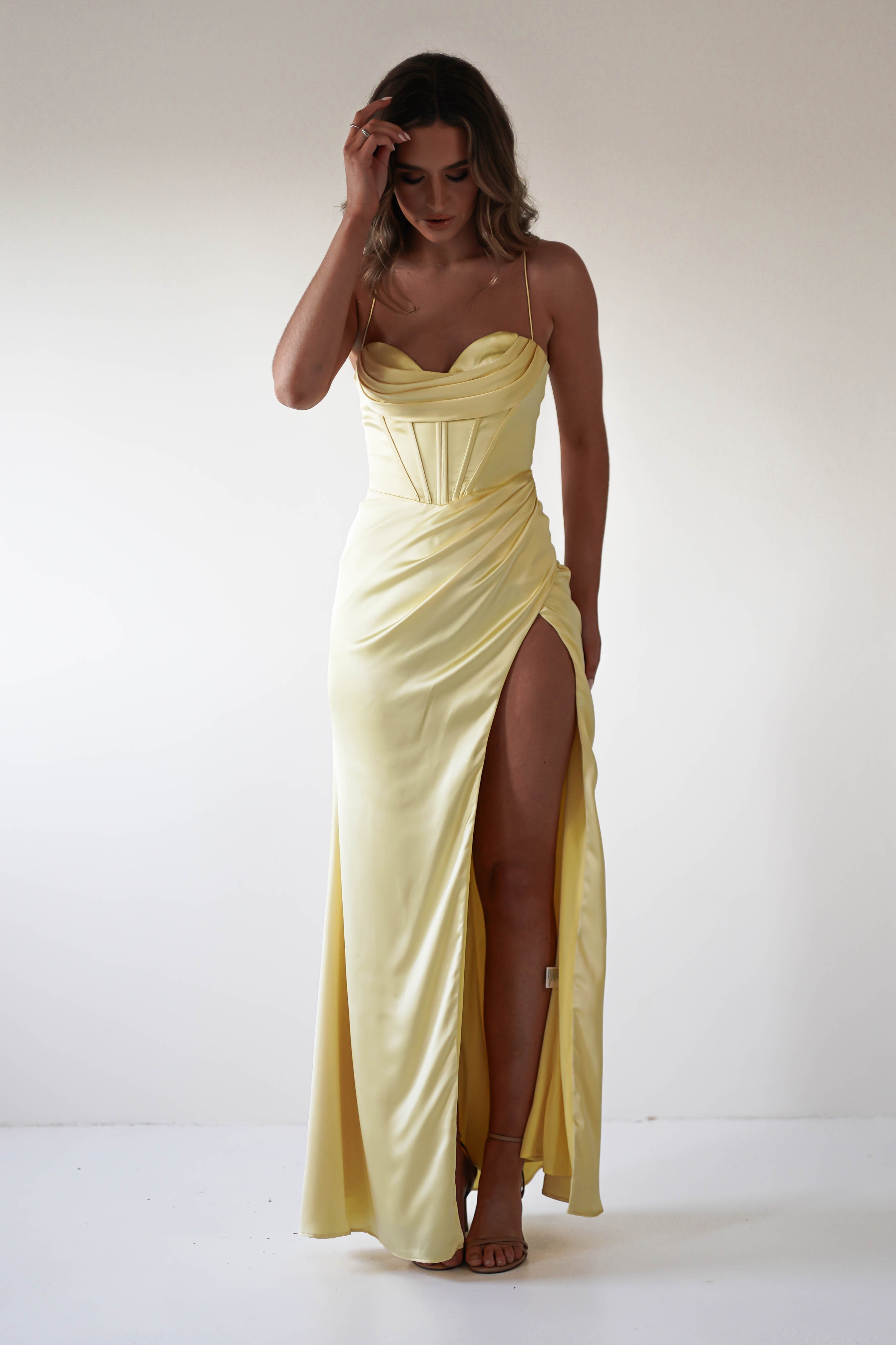 Julianne Corset Satin Gown | Yellow | Debs & Prom | Formal Gown | Oh Hello Clothing