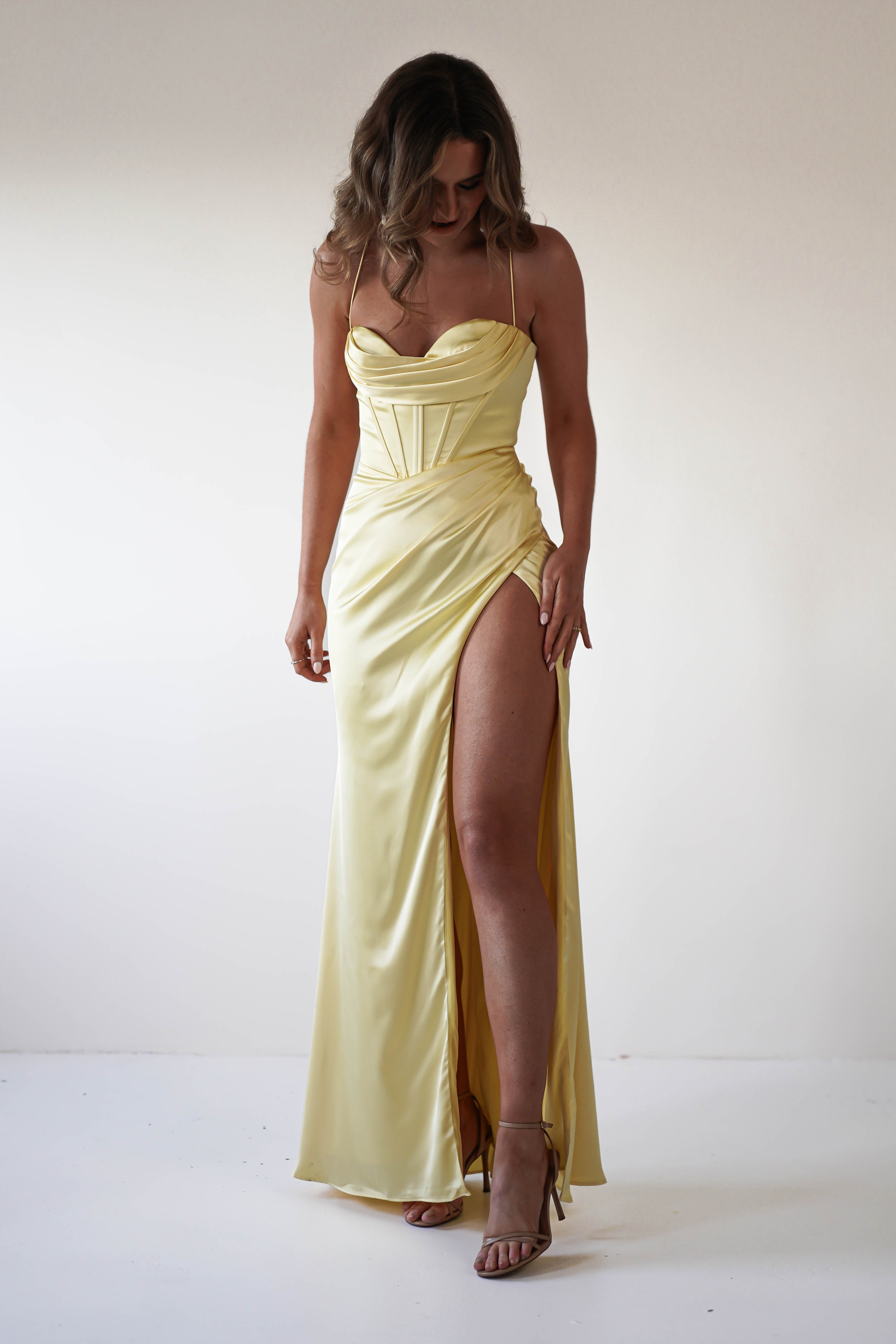 Julianne Corset Satin Gown | Yellow | Debs & Prom | Formal Gown | Oh Hello Clothing