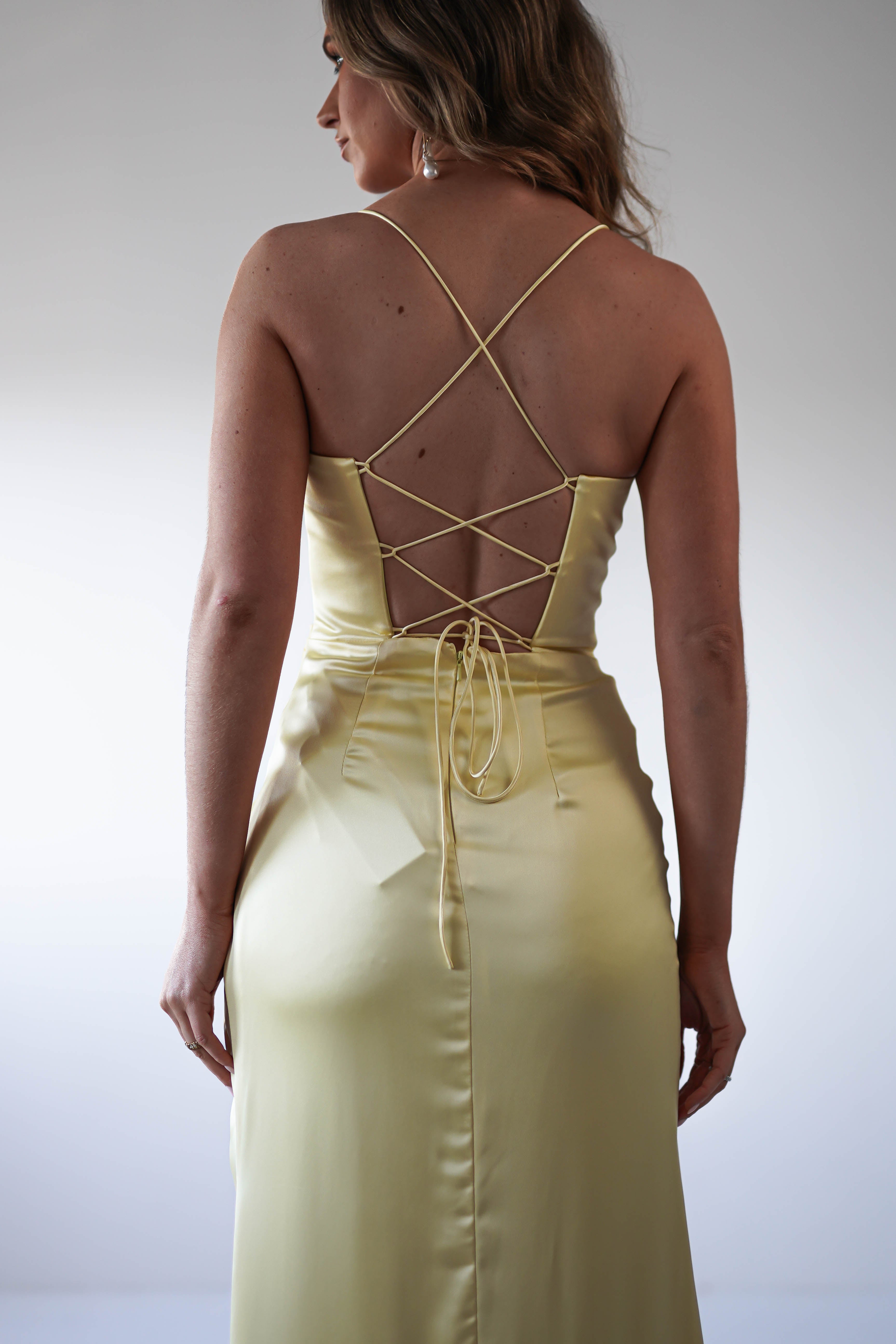 Julianne Corset Satin Gown | Yellow | Debs & Prom | Formal Gown | Oh Hello Clothing