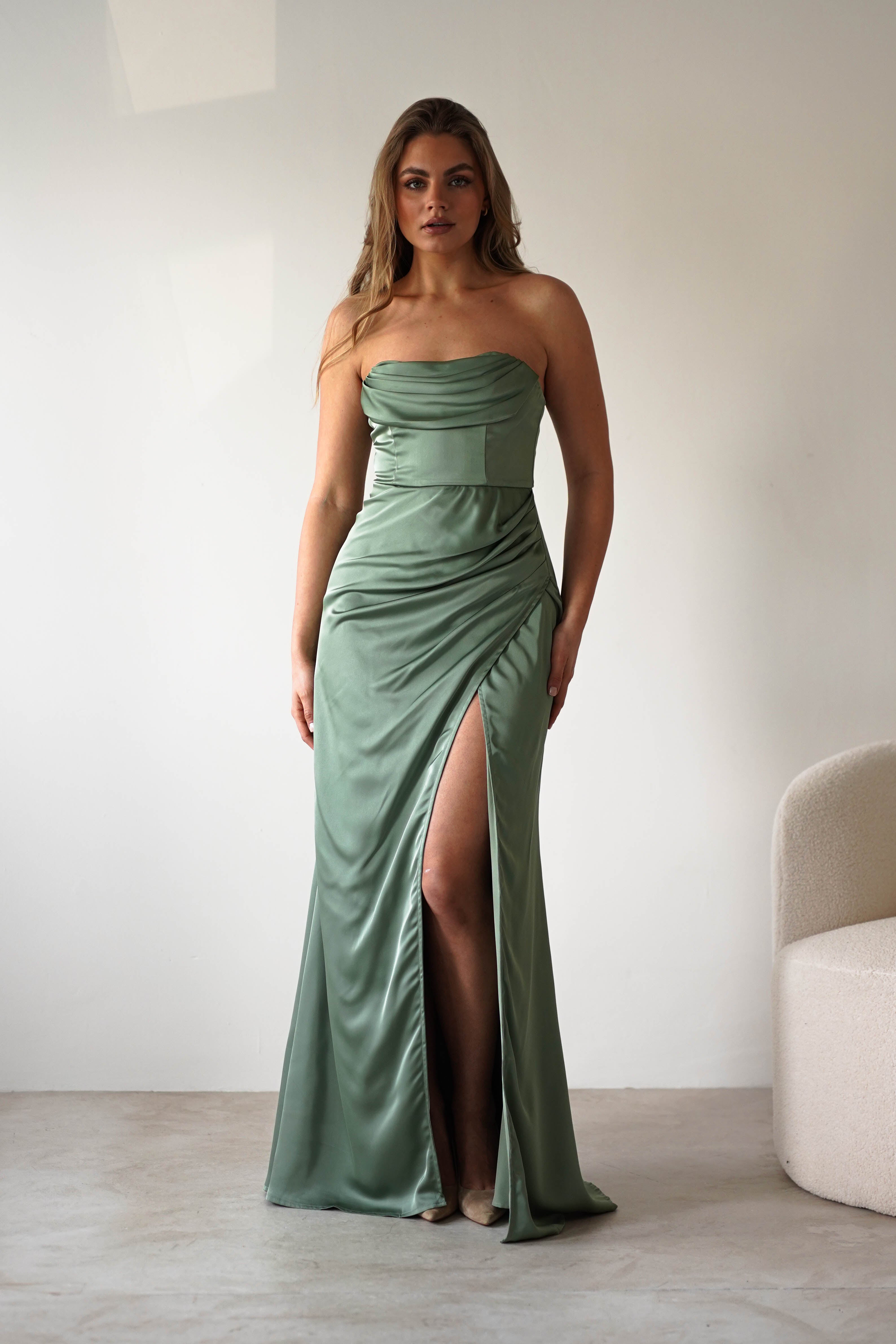 Alyce Soft Satin Strapless Gown | Olive | Debs & Prom | Formal Gown | Oh Hello Clothing