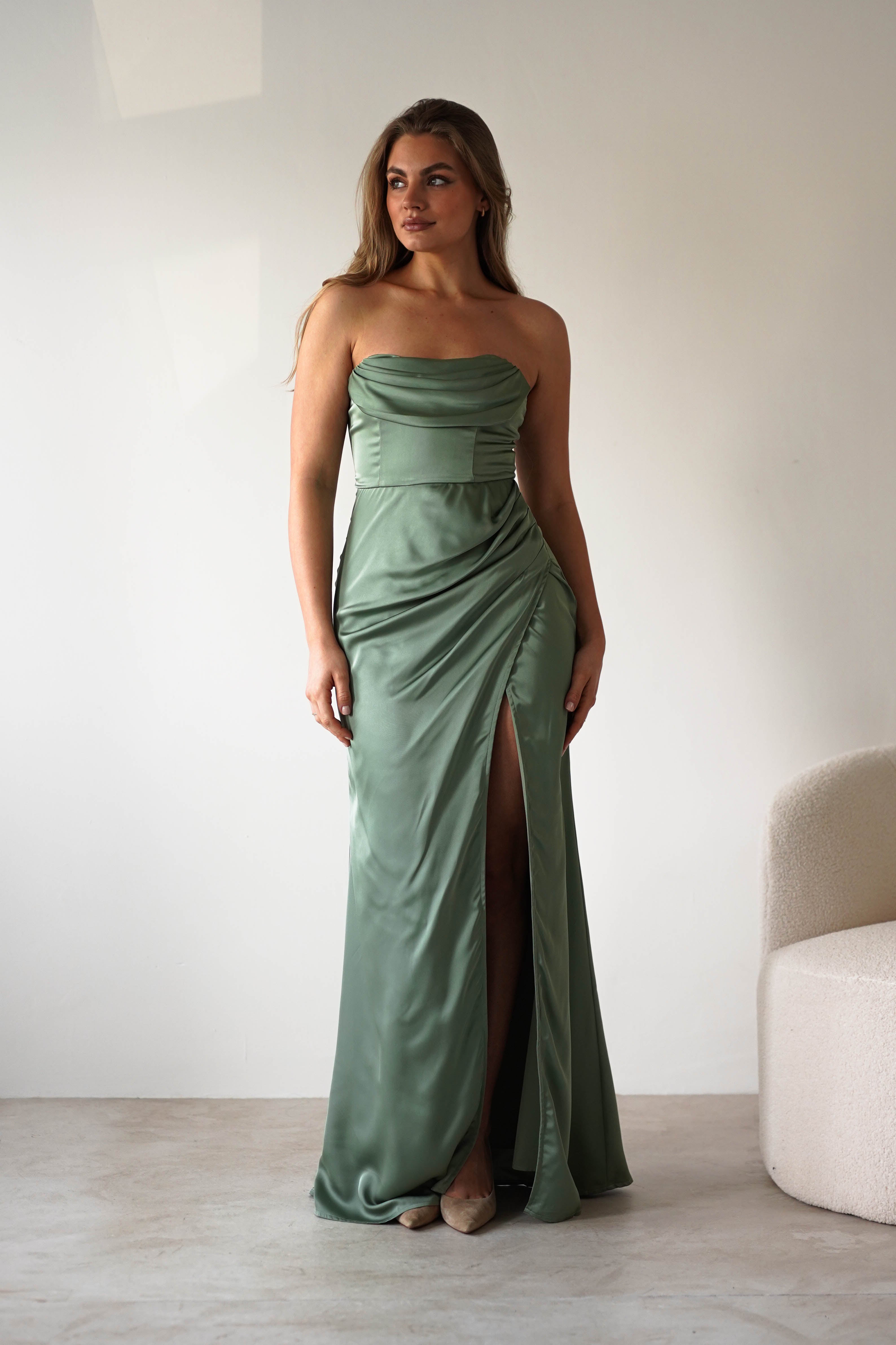 Alyce Soft Satin Strapless Gown | Olive | Debs & Prom | Formal Gown | Oh Hello Clothing