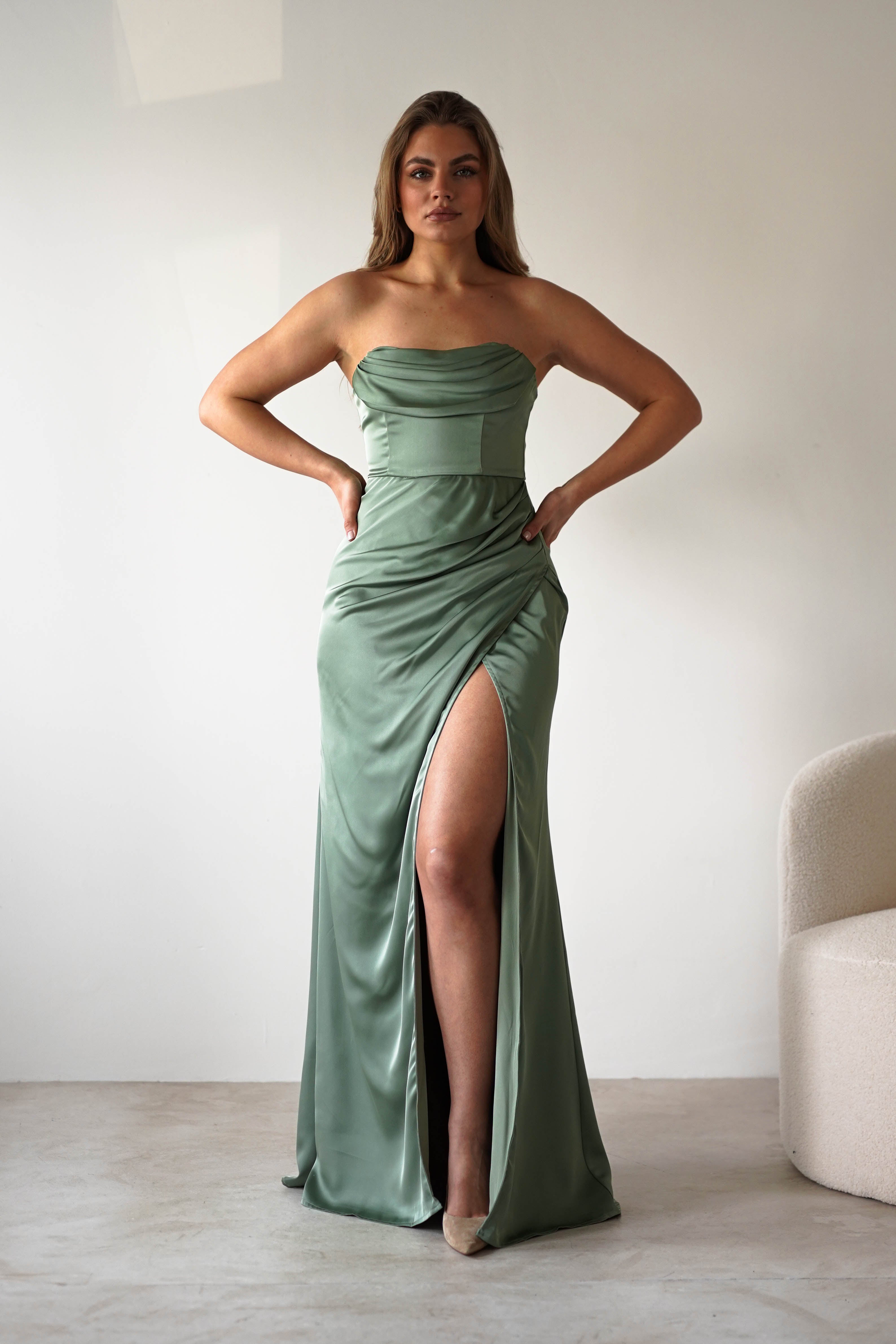 Alyce Soft Satin Strapless Gown | Olive | Debs & Prom | Formal Gown | Oh Hello Clothing