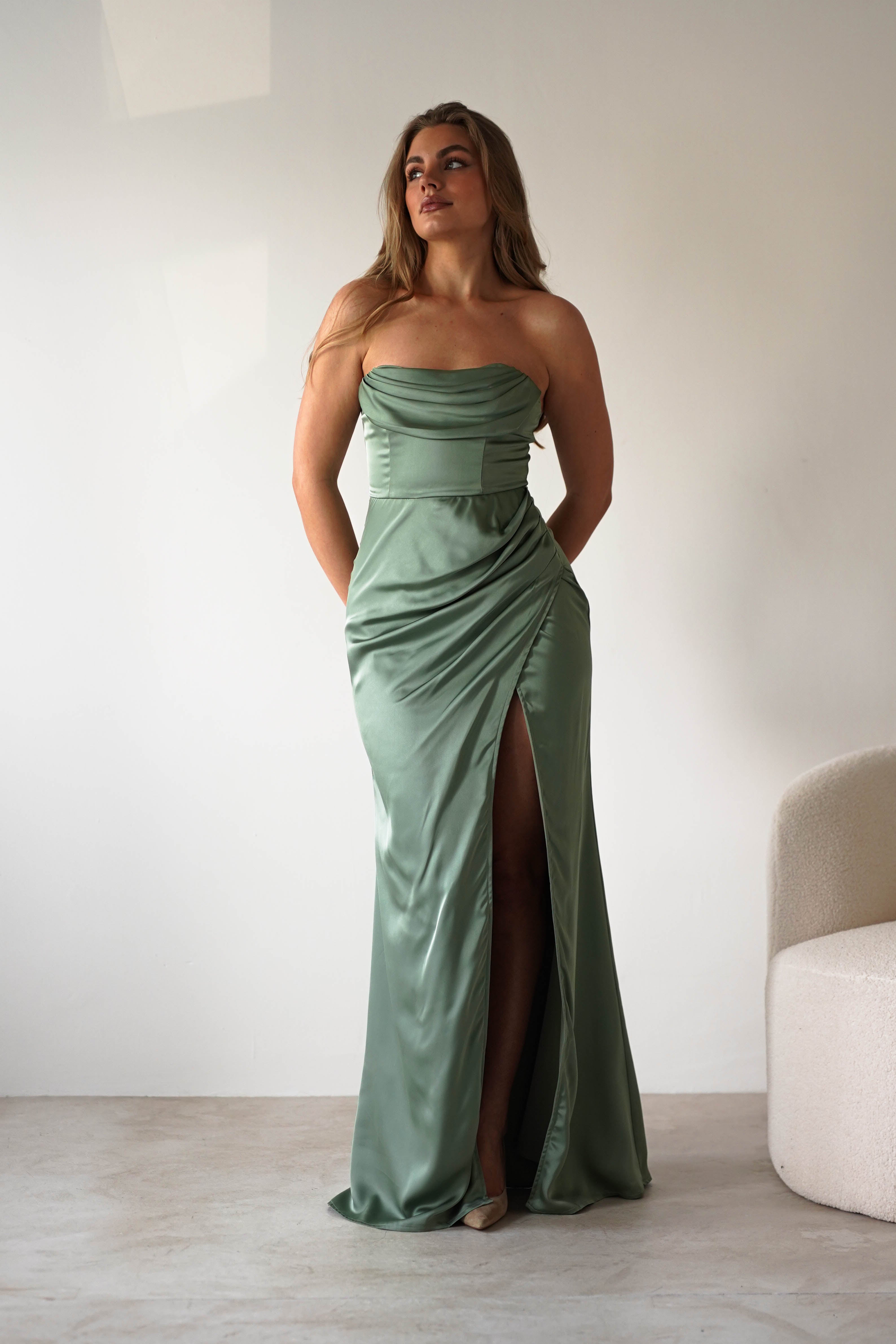 Alyce Soft Satin Strapless Gown | Olive | Debs & Prom | Formal Gown | Oh Hello Clothing