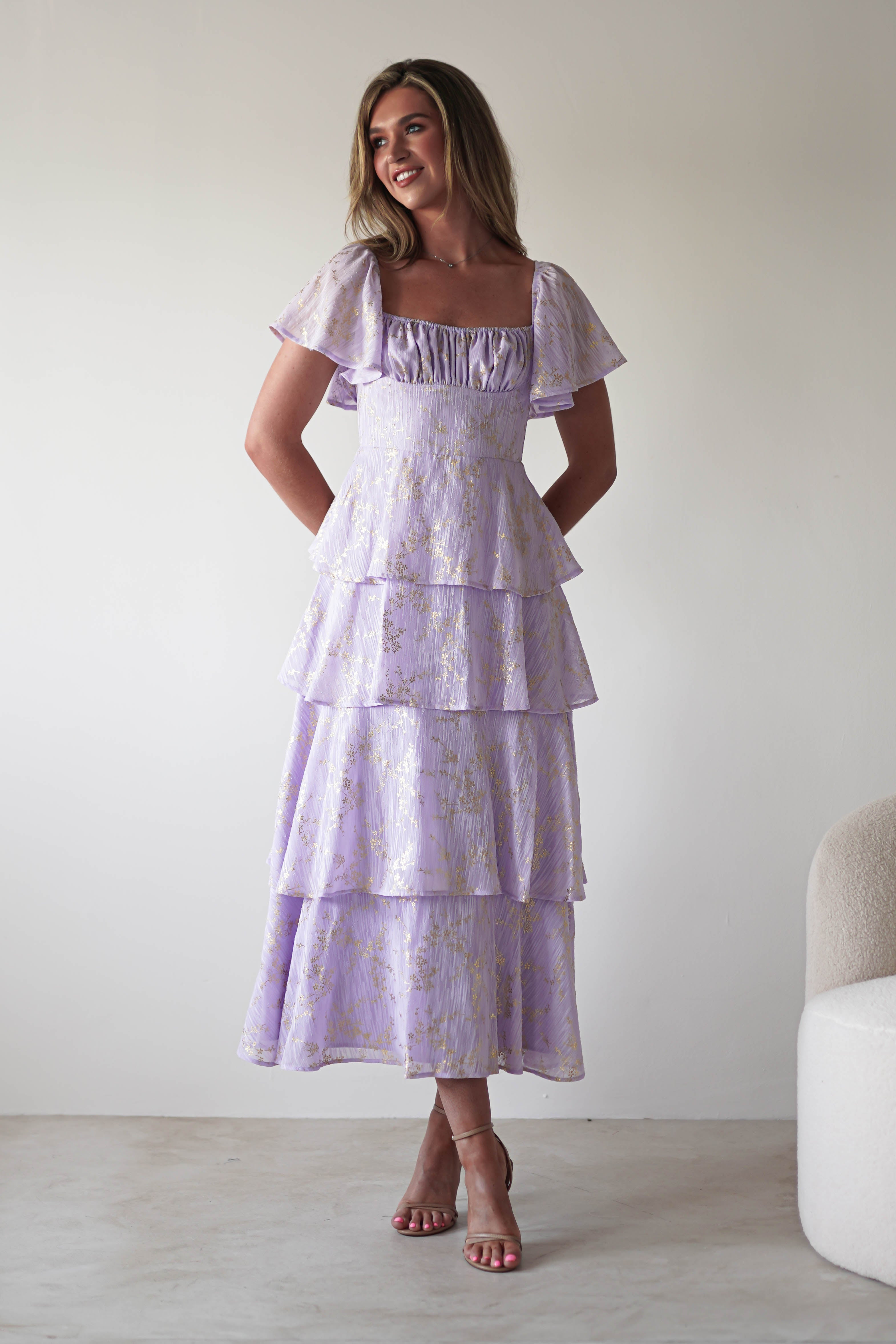 Mirielle Gold Detail Ruffle Maxi Dress Lilac | Wedding Guest Dress | Maxi | Oh Hello Clothing