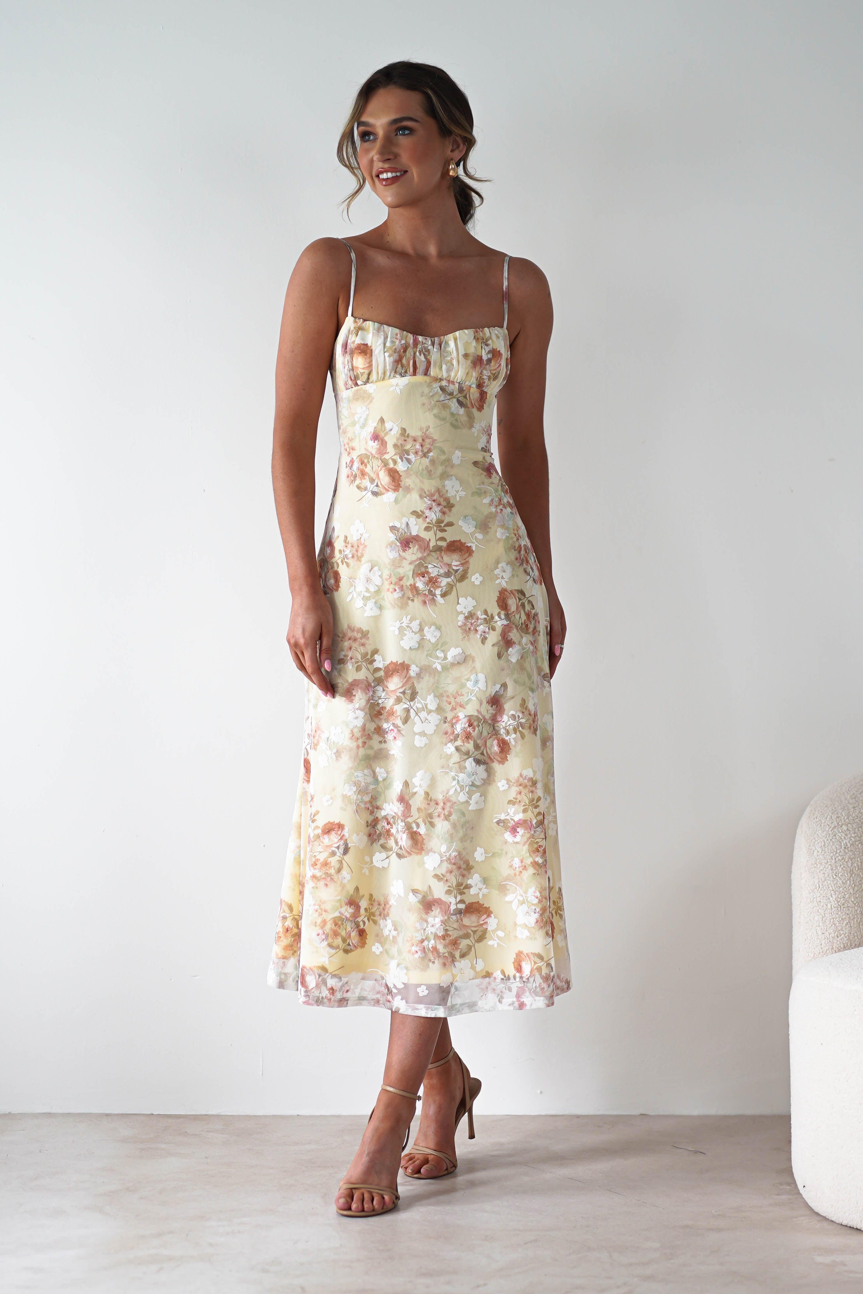 Annabelle Floral Print Midaxi Dress Yellow | Wedding Guest Dress | Oh Hello Clothing