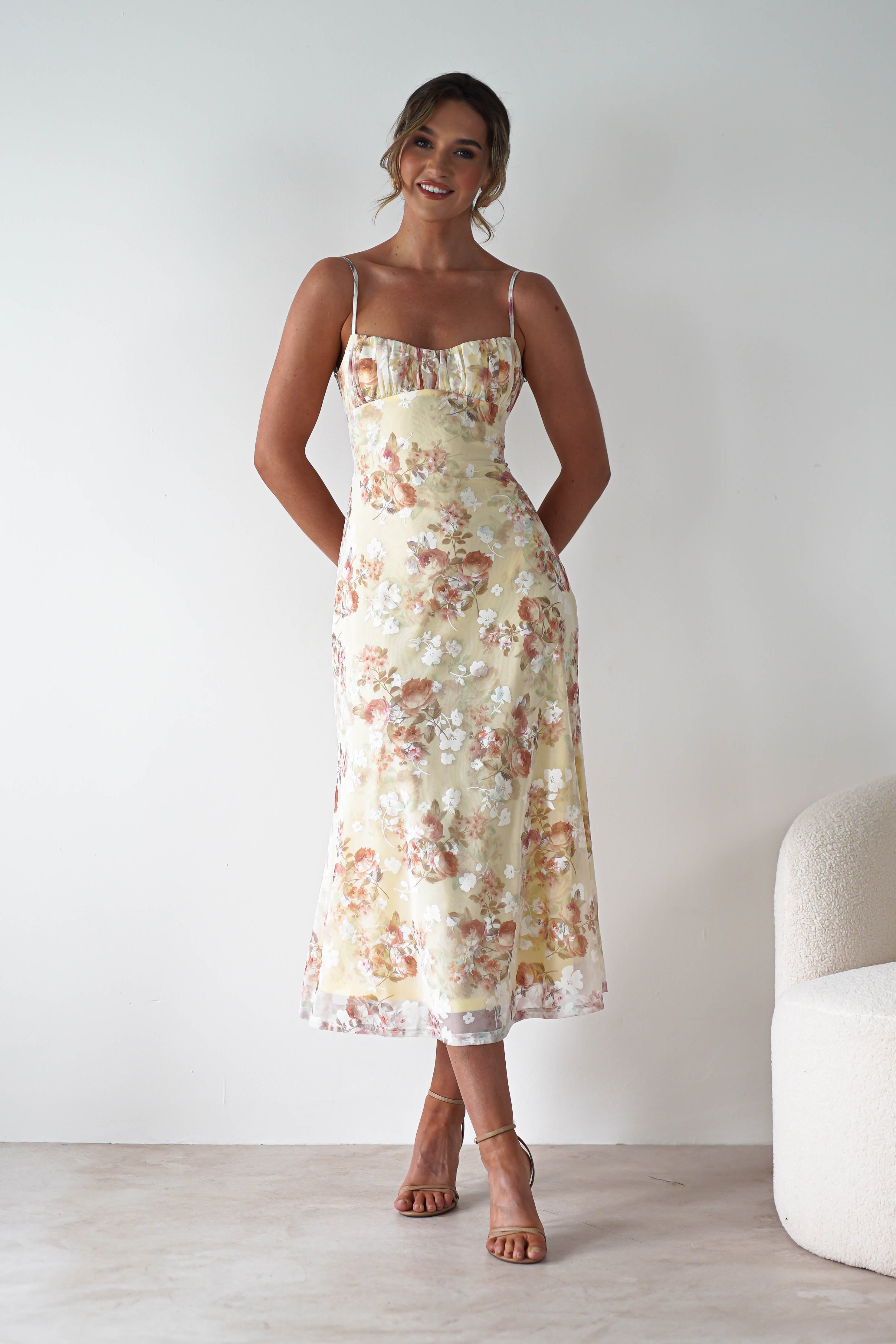 Annabelle Floral Print Midaxi Dress Yellow | Wedding Guest Dress | Oh Hello Clothing