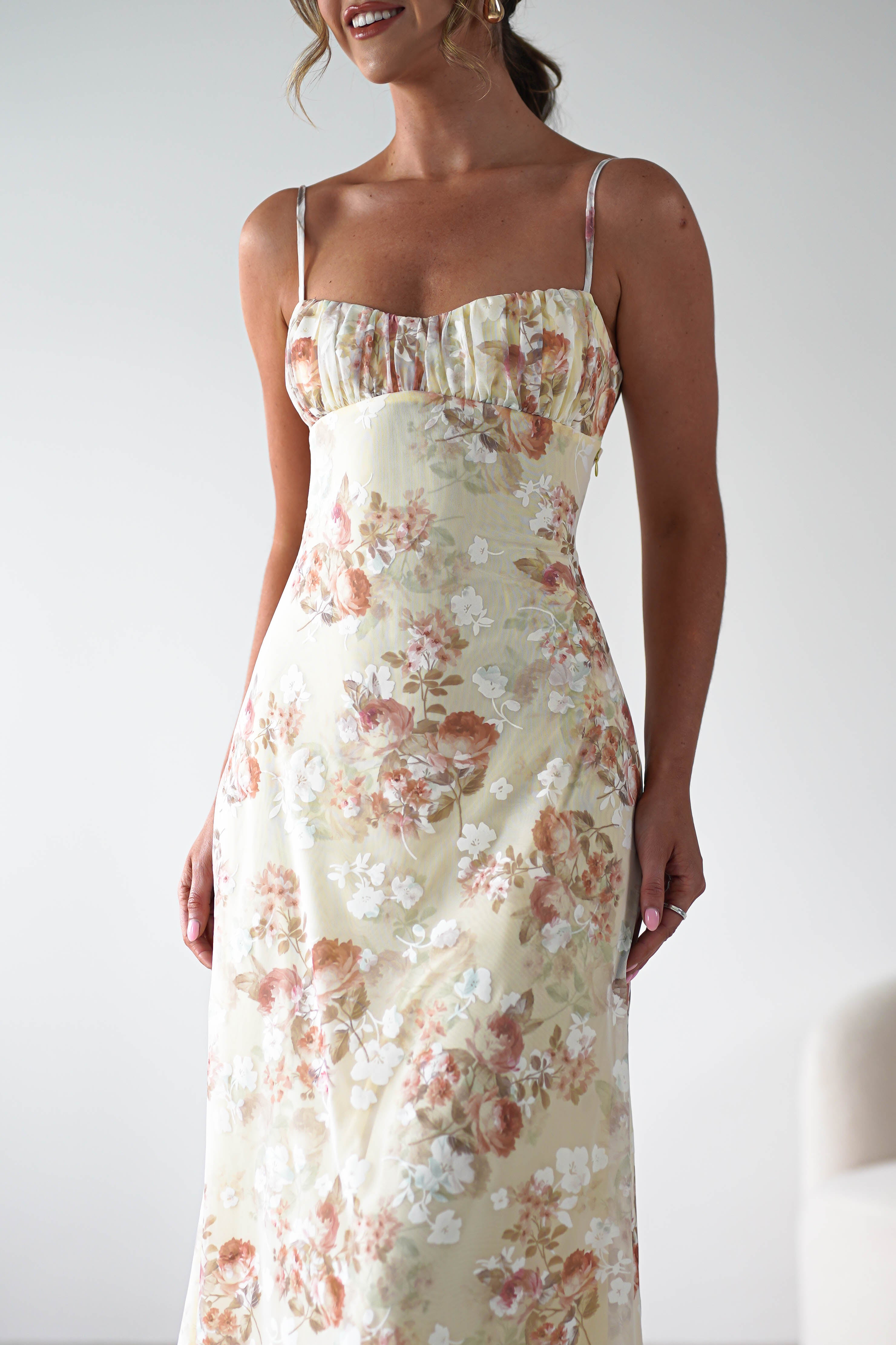 Annabelle Floral Print Midaxi Dress Yellow | Wedding Guest Dress | Oh Hello Clothing