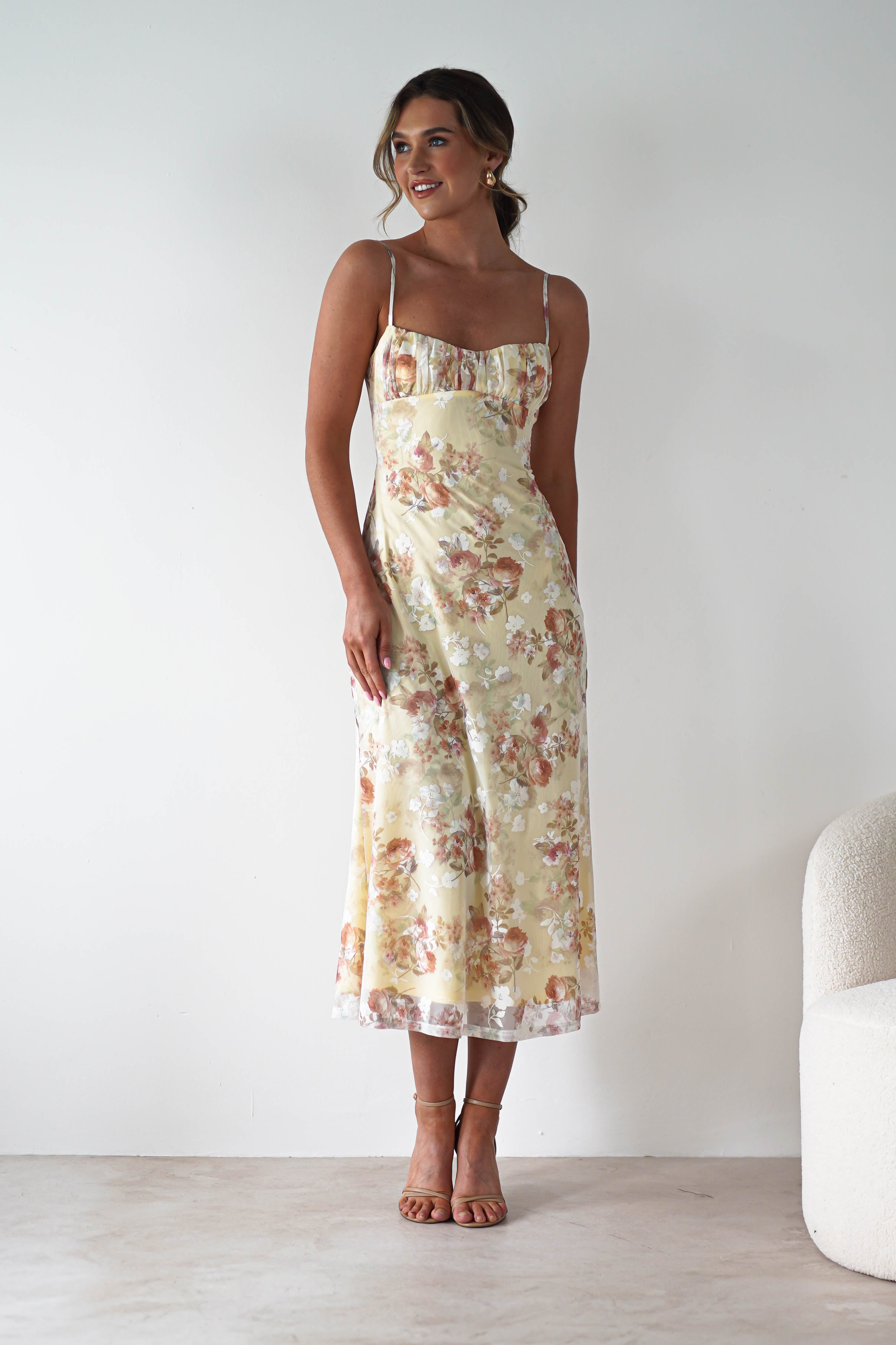 Annabelle Floral Print Midaxi Dress Yellow | Wedding Guest Dress | Oh Hello Clothing
