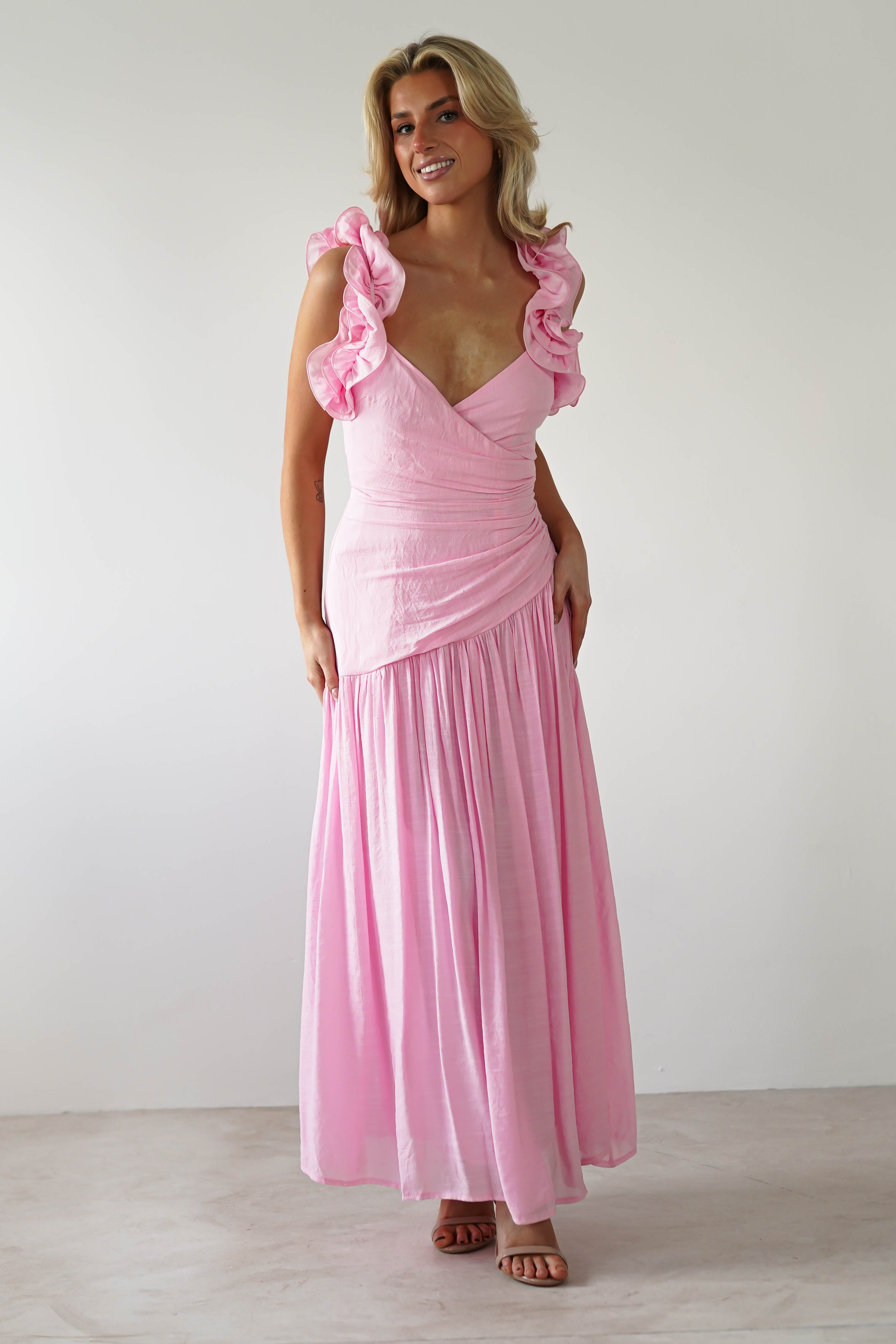 Lara Ruffle Detail Midaxi Pink | Wedding Guest Dress | Oh Hello Clothing