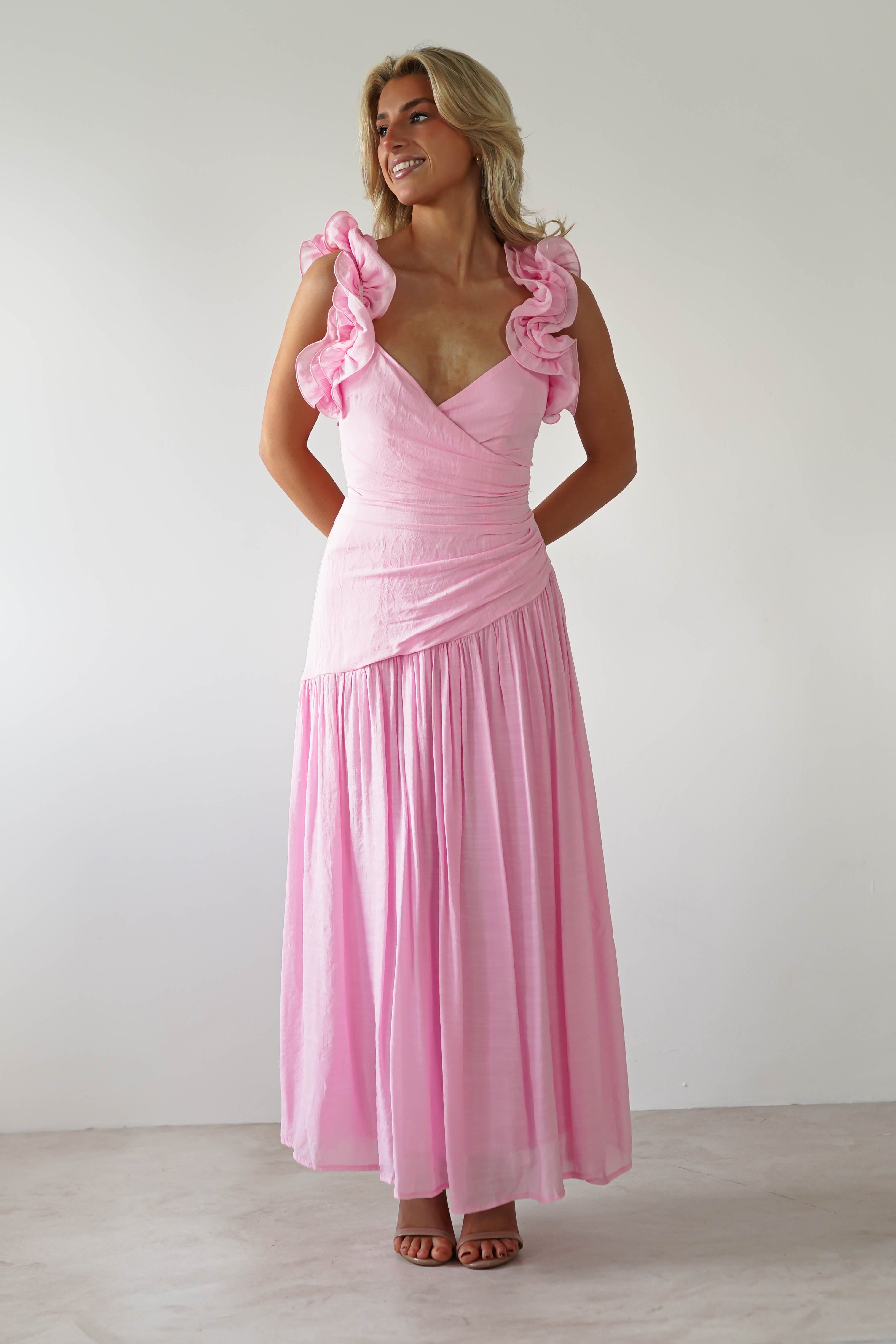 Lara Ruffle Detail Midaxi Pink | Wedding Guest Dress | Oh Hello Clothing