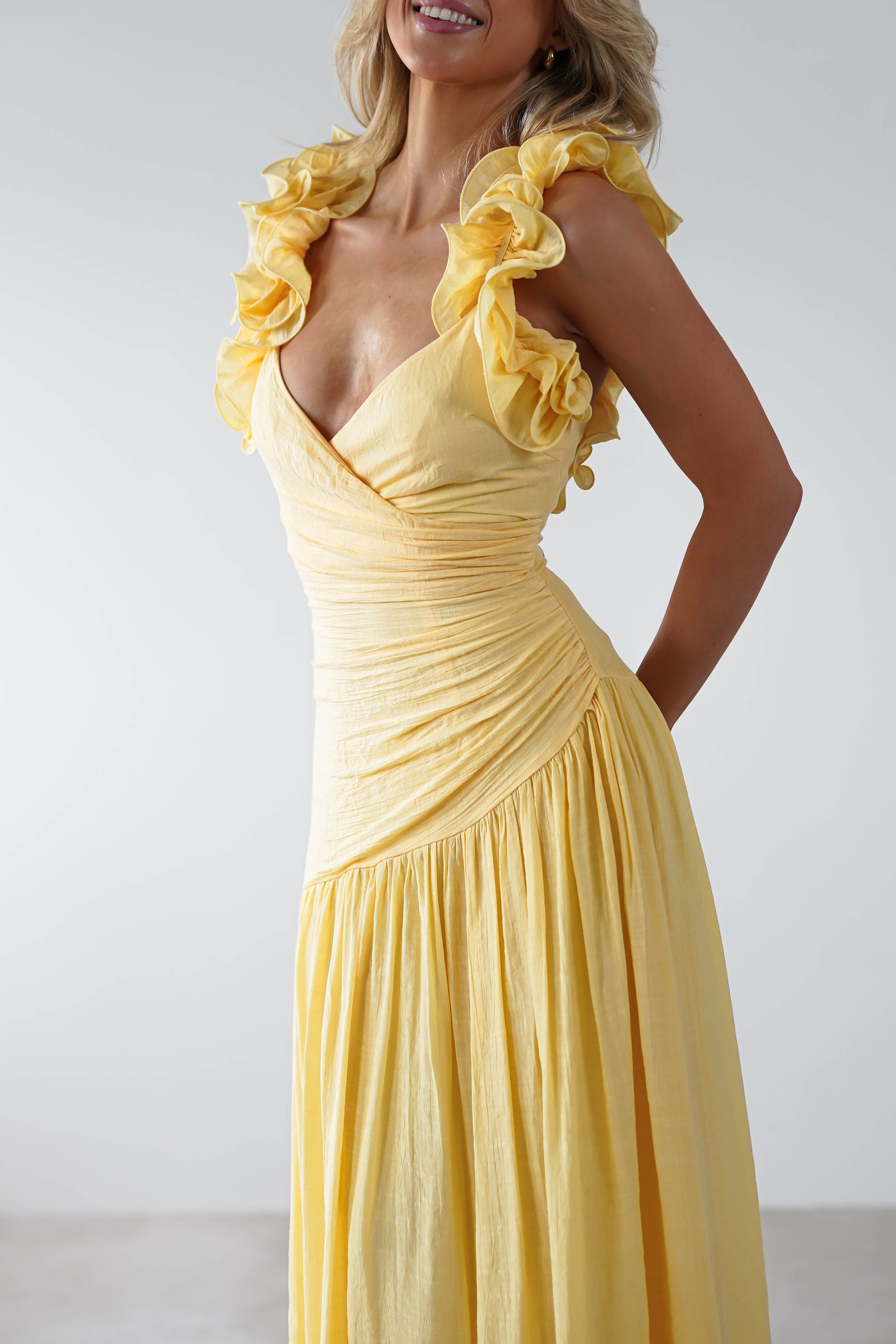 Lara Ruffle Detail Midaxi Yellow | Wedding Guest Dress | Oh Hello Clothing