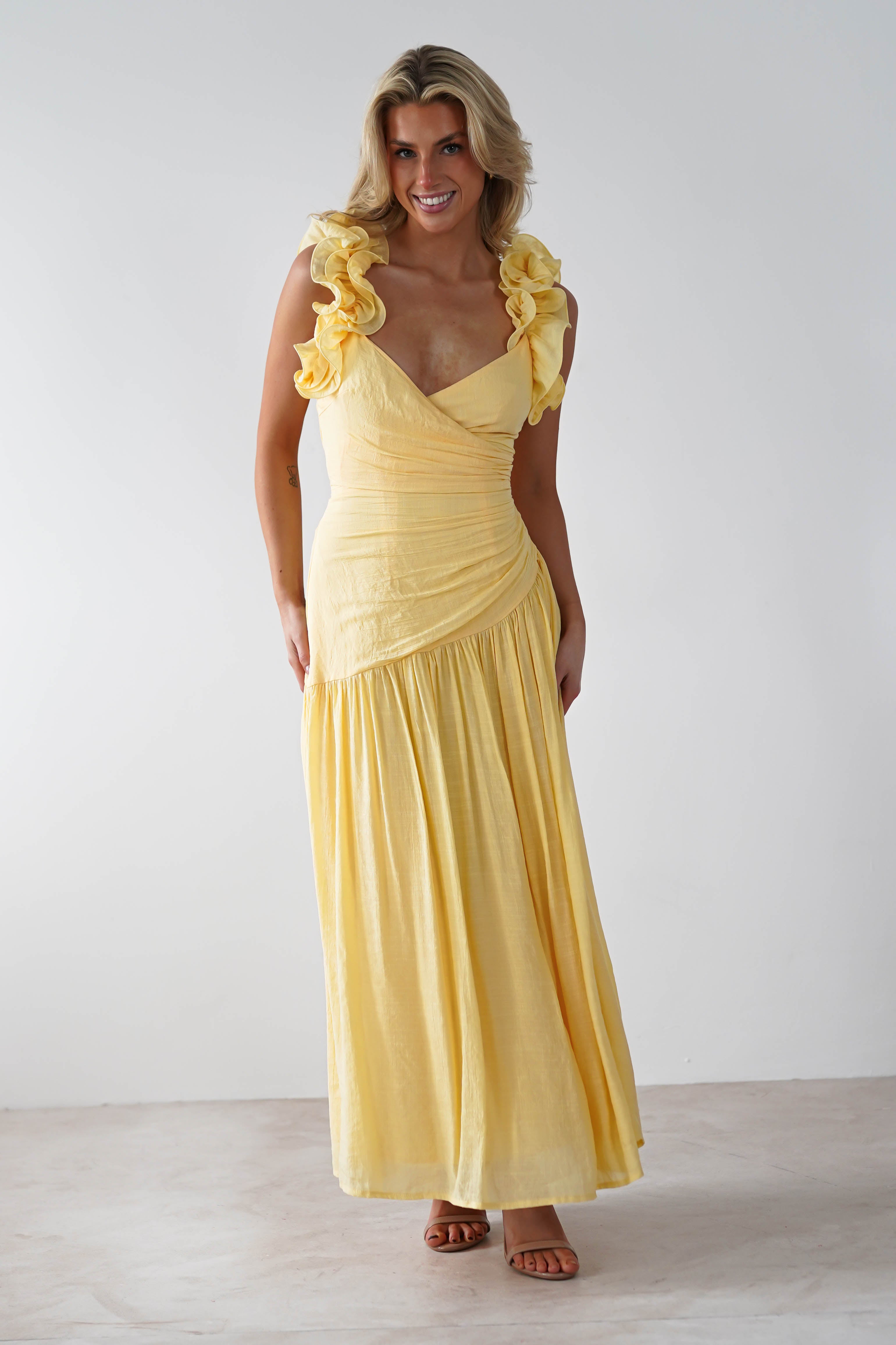 Lara Ruffle Detail Midaxi Yellow | Wedding Guest Dress | Oh Hello Clothing