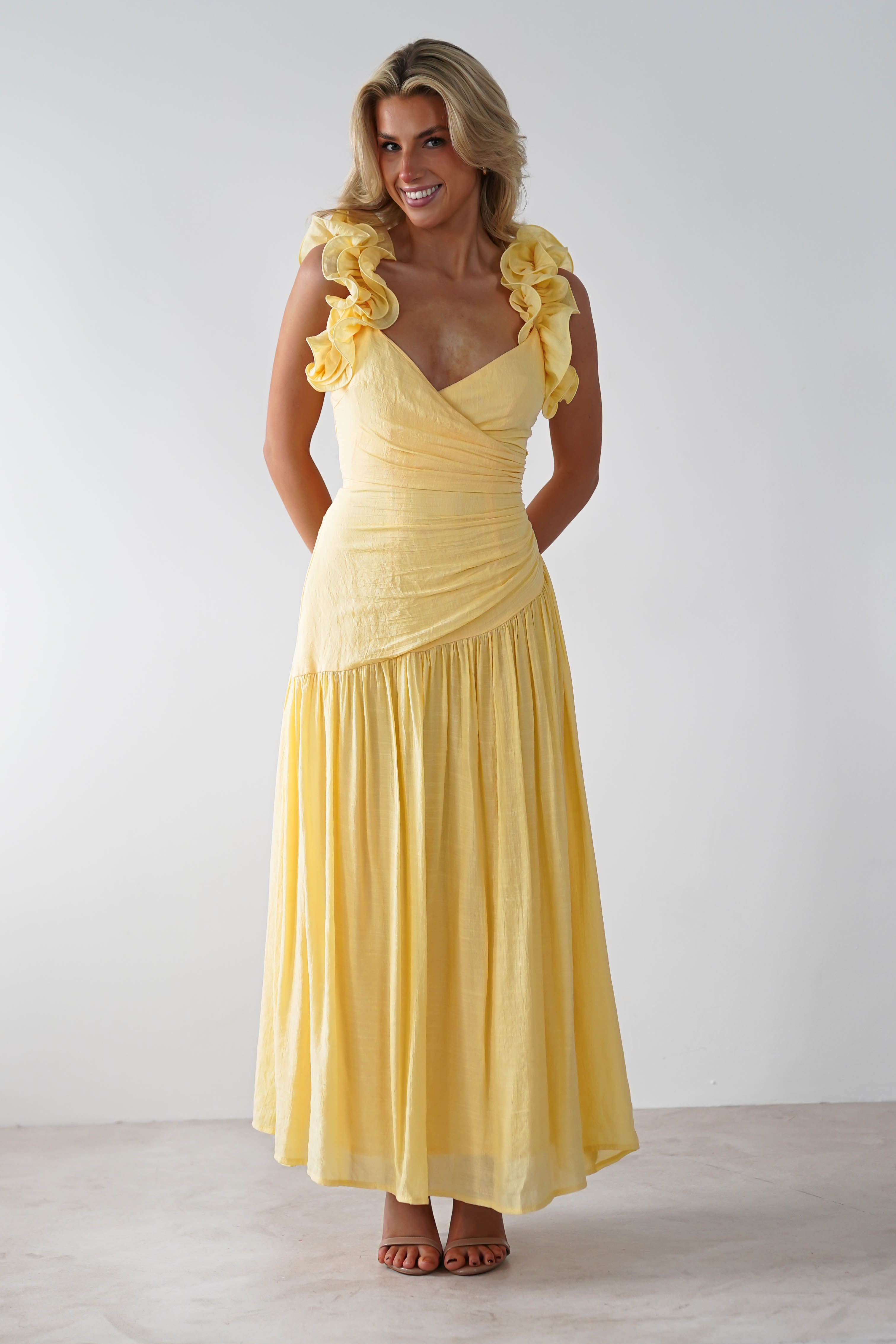 Lara Ruffle Detail Midaxi Yellow | Wedding Guest Dress | Oh Hello Clothing