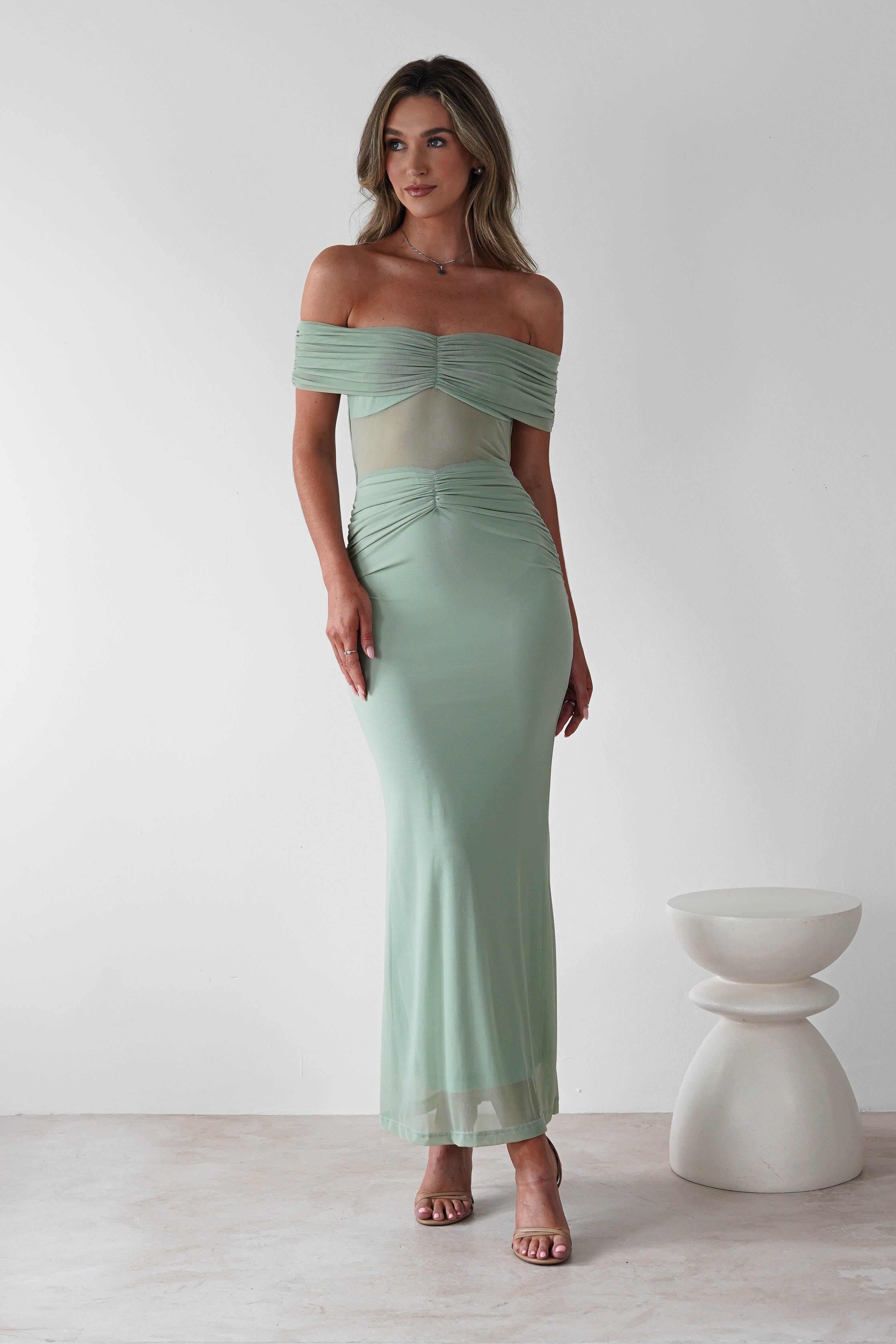 Shari Off The Shoulder Mesh Maxi Sage | Wedding Guest Dress | Off Shoulder | Maxi | Oh Hello Clothing