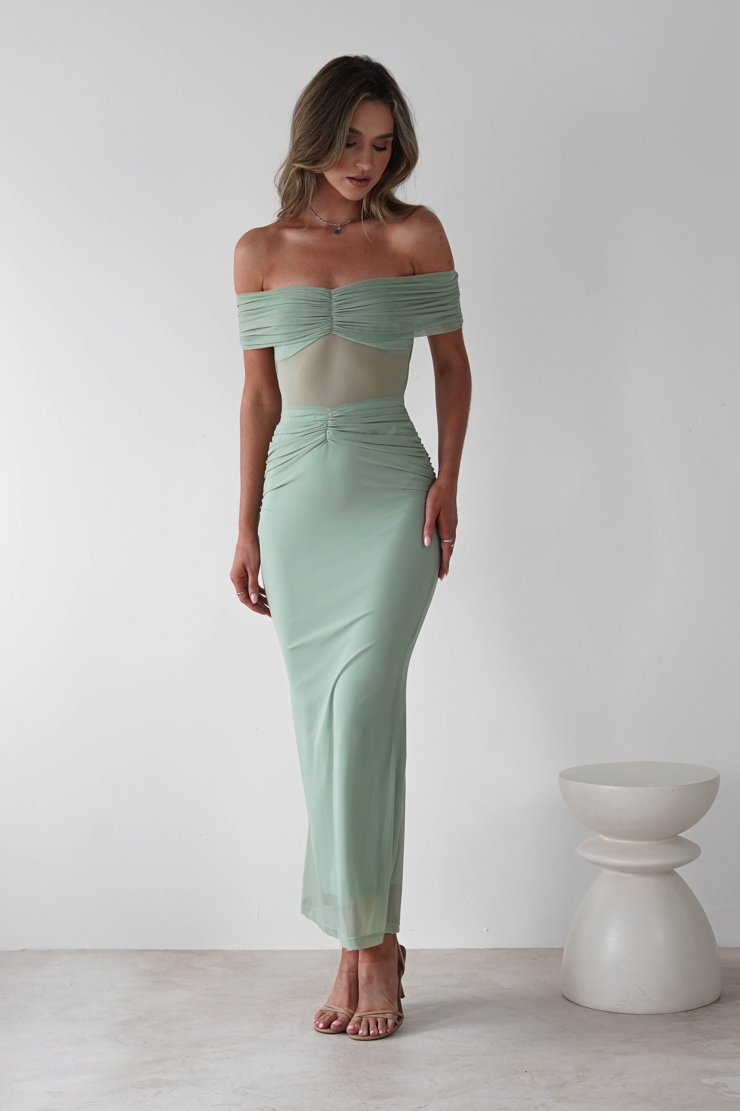 Shari Off The Shoulder Mesh Maxi Sage | Wedding Guest Dress | Off Shoulder | Maxi | Oh Hello Clothing