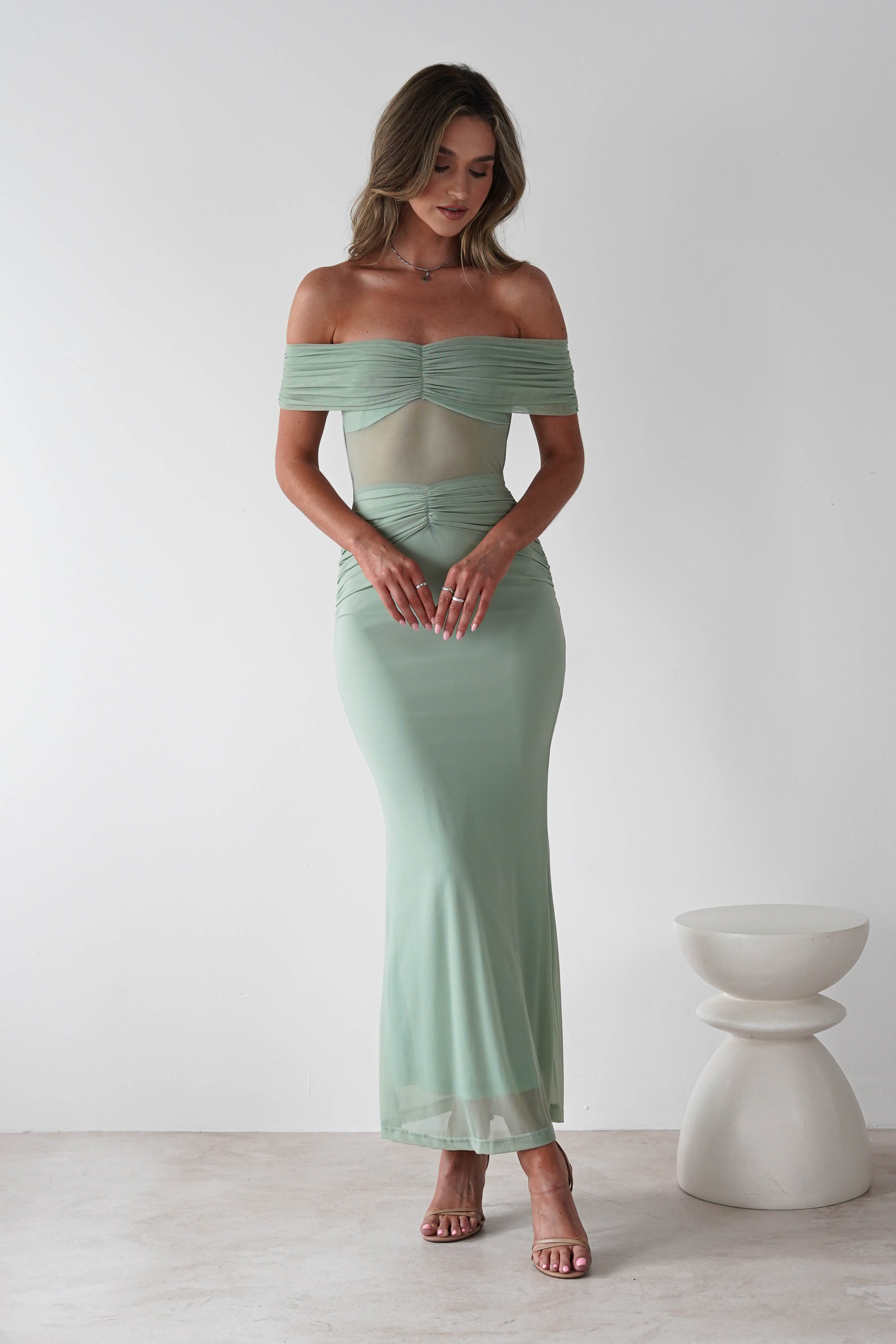 Shari Off The Shoulder Mesh Maxi Sage | Wedding Guest Dress | Off Shoulder | Maxi | Oh Hello Clothing