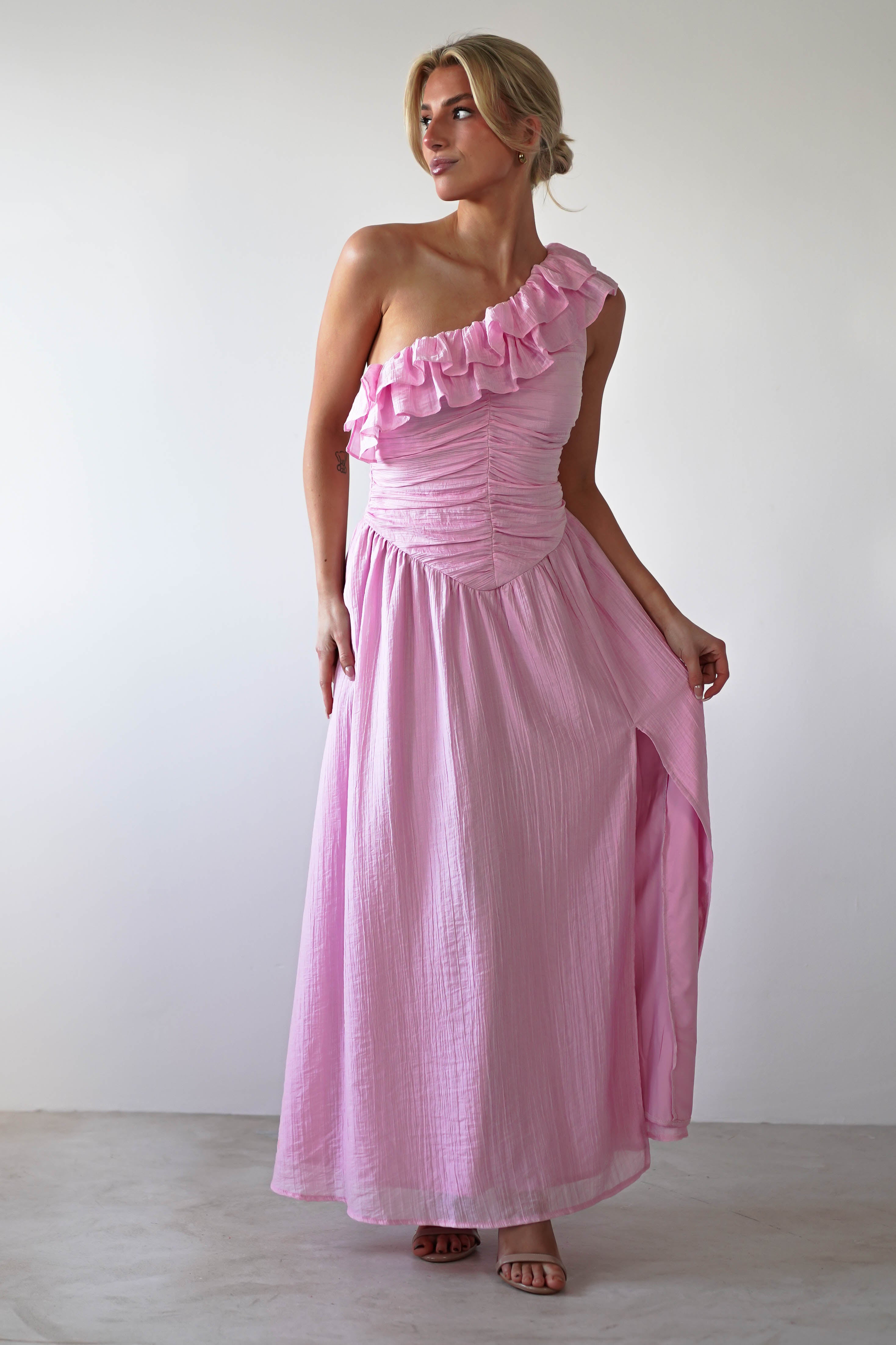 Jamie Ruffle One Shoulder Midaxi Pink | Wedding Guest Dress | One Shoulder | Oh Hello Clothing