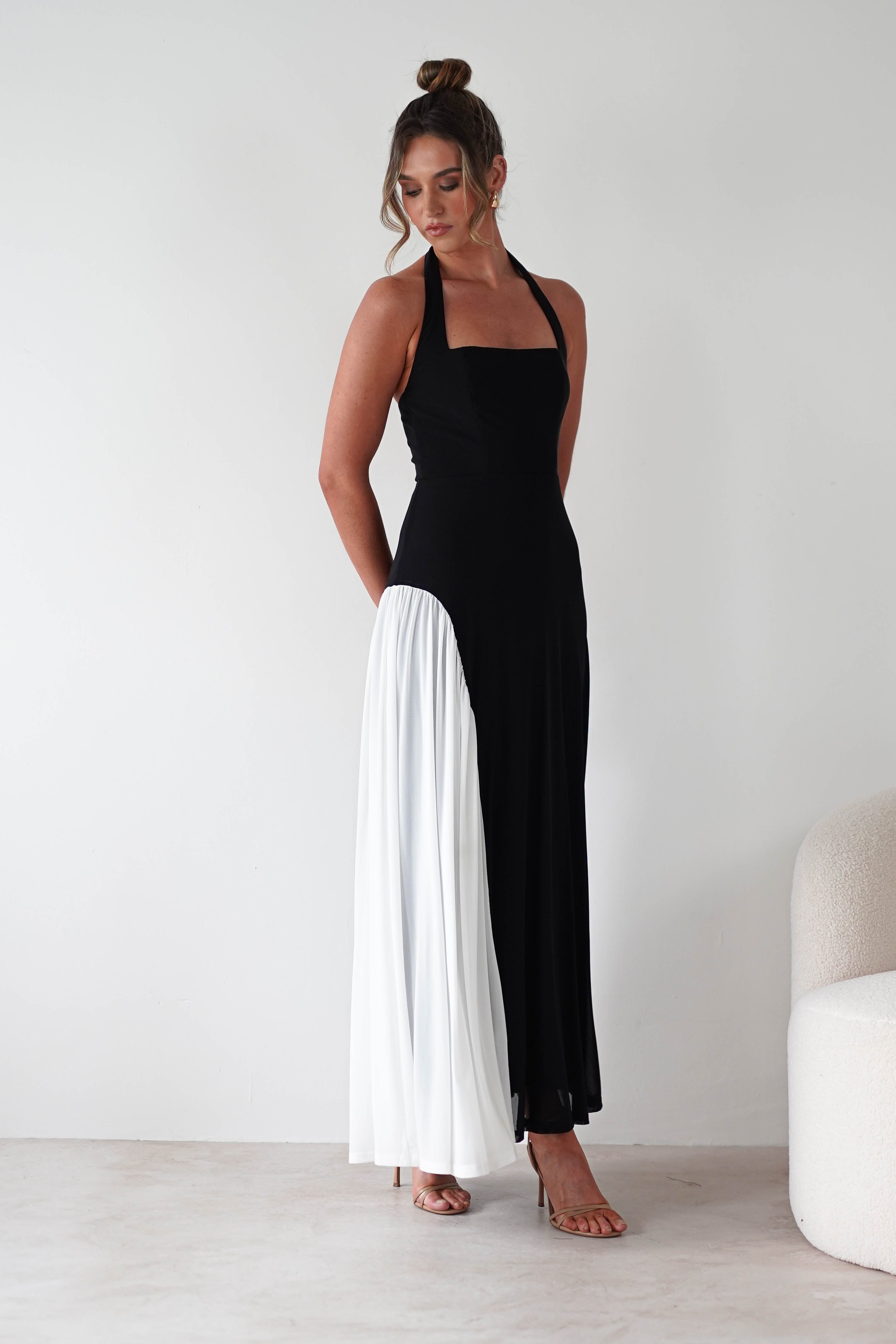 Unika Halterneck Maxi Dress Black/White | Wedding Guest Dress | Halter Neck | Maxi | Oh Hello Clothing