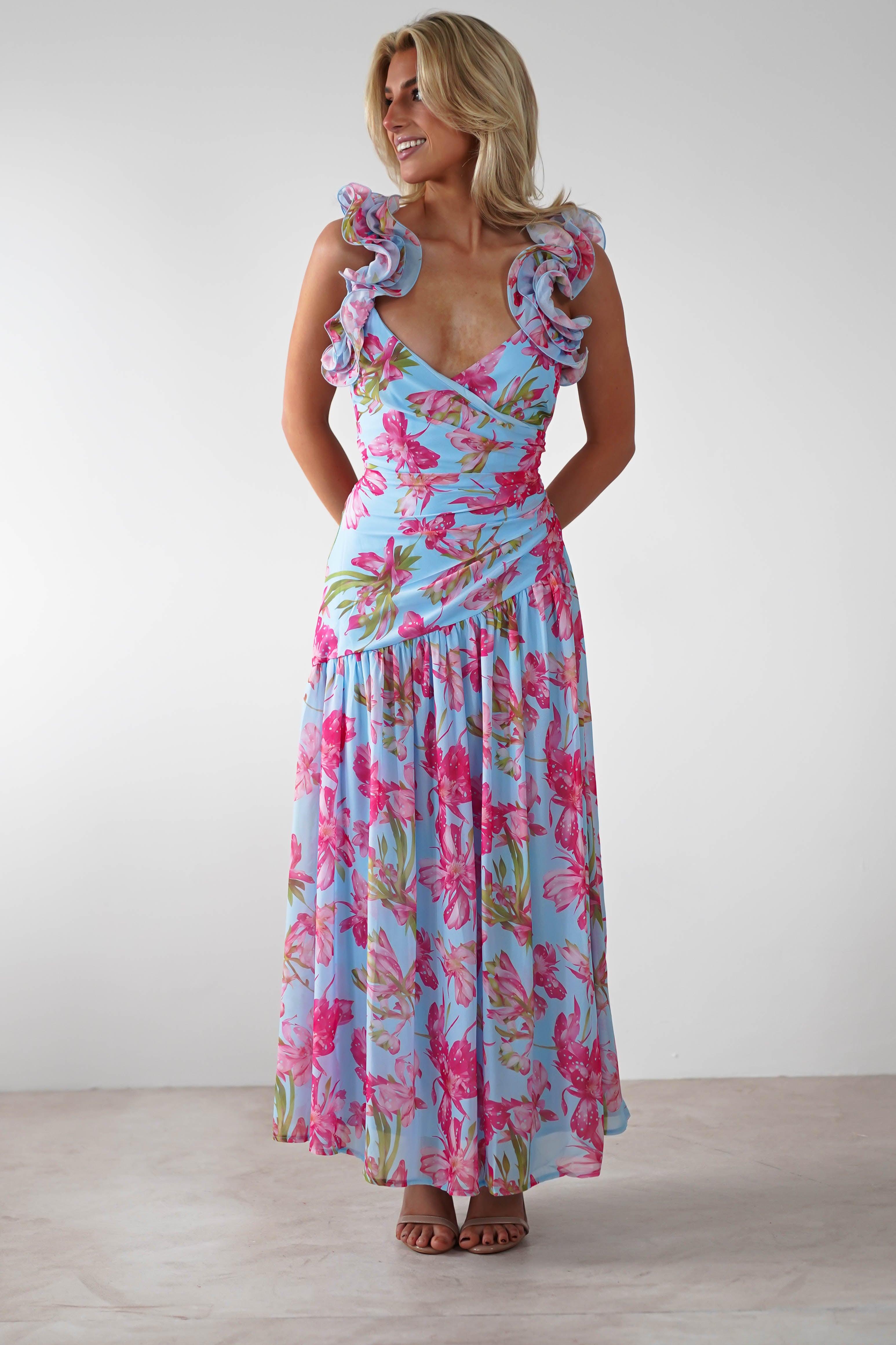 Karmen Ruffle Floral Midaxi Dress Blue/Pink | Wedding Guest Dress | Oh Hello Clothing