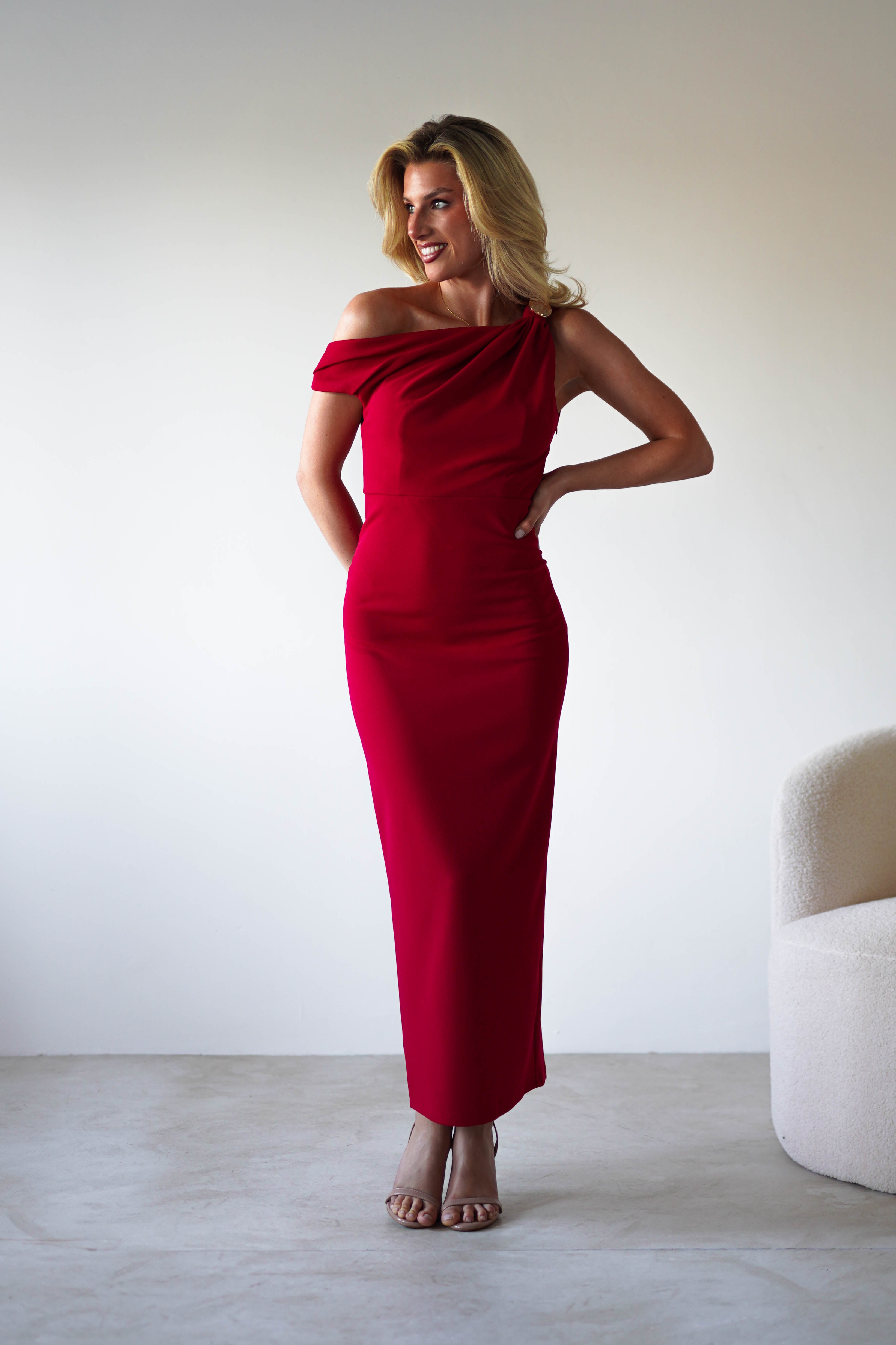 Shayna Off The Shouler Midaxi Red | Wedding Guest Dress | Off Shoulder | Oh Hello Clothing