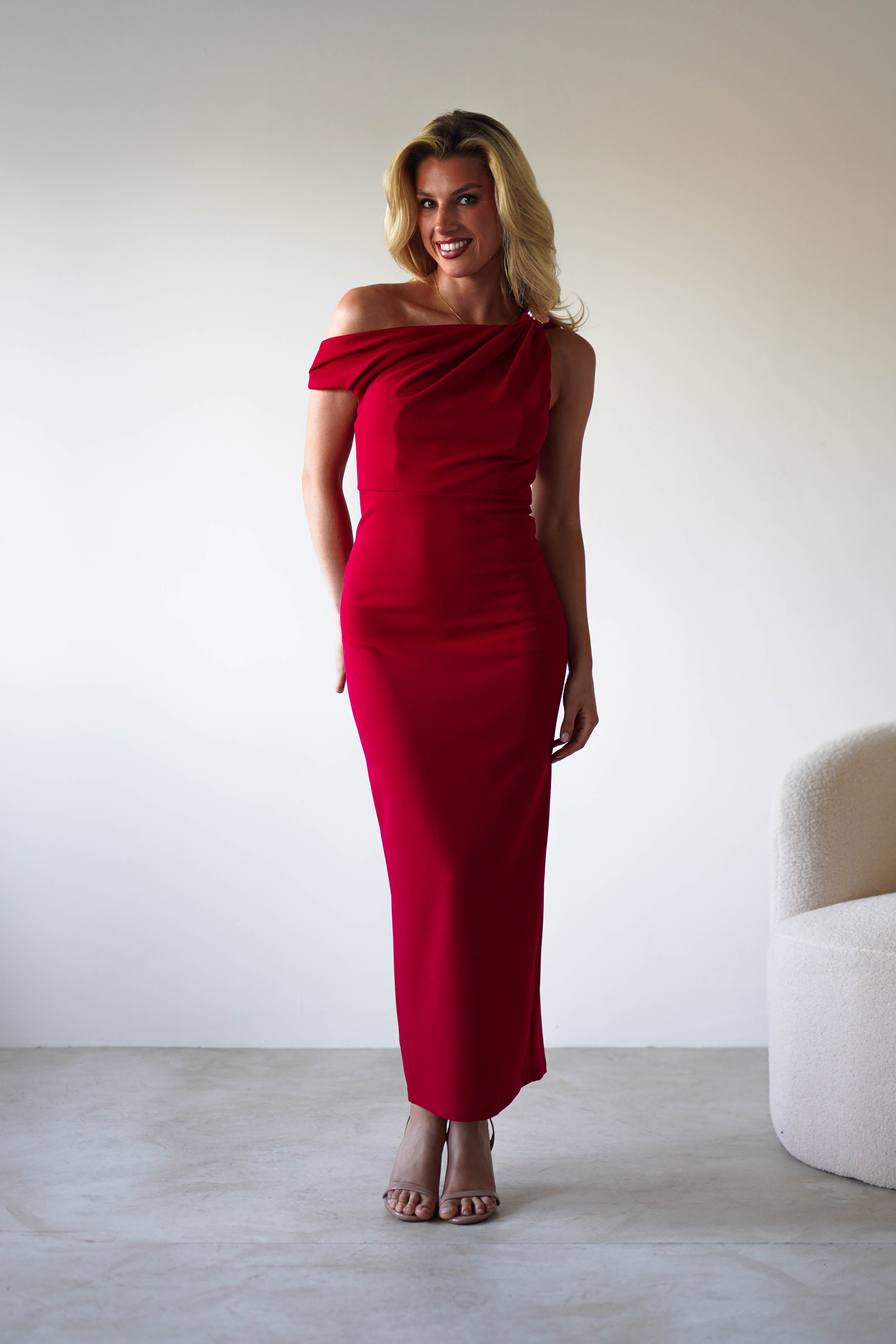 Shayna Off The Shouler Midaxi Red | Wedding Guest Dress | Off Shoulder | Oh Hello Clothing