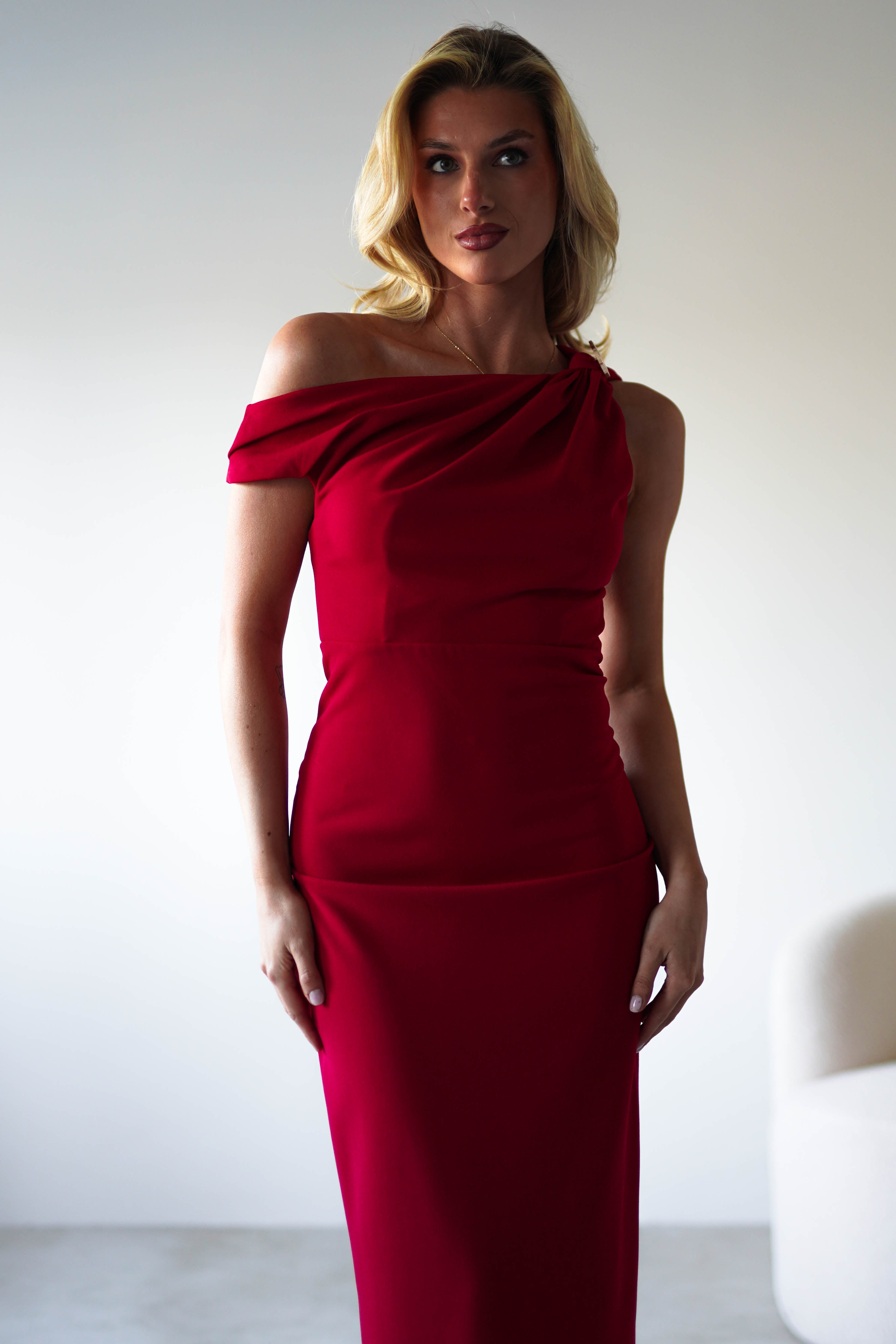 Shayna Off The Shouler Midaxi Red | Wedding Guest Dress | Off Shoulder | Oh Hello Clothing
