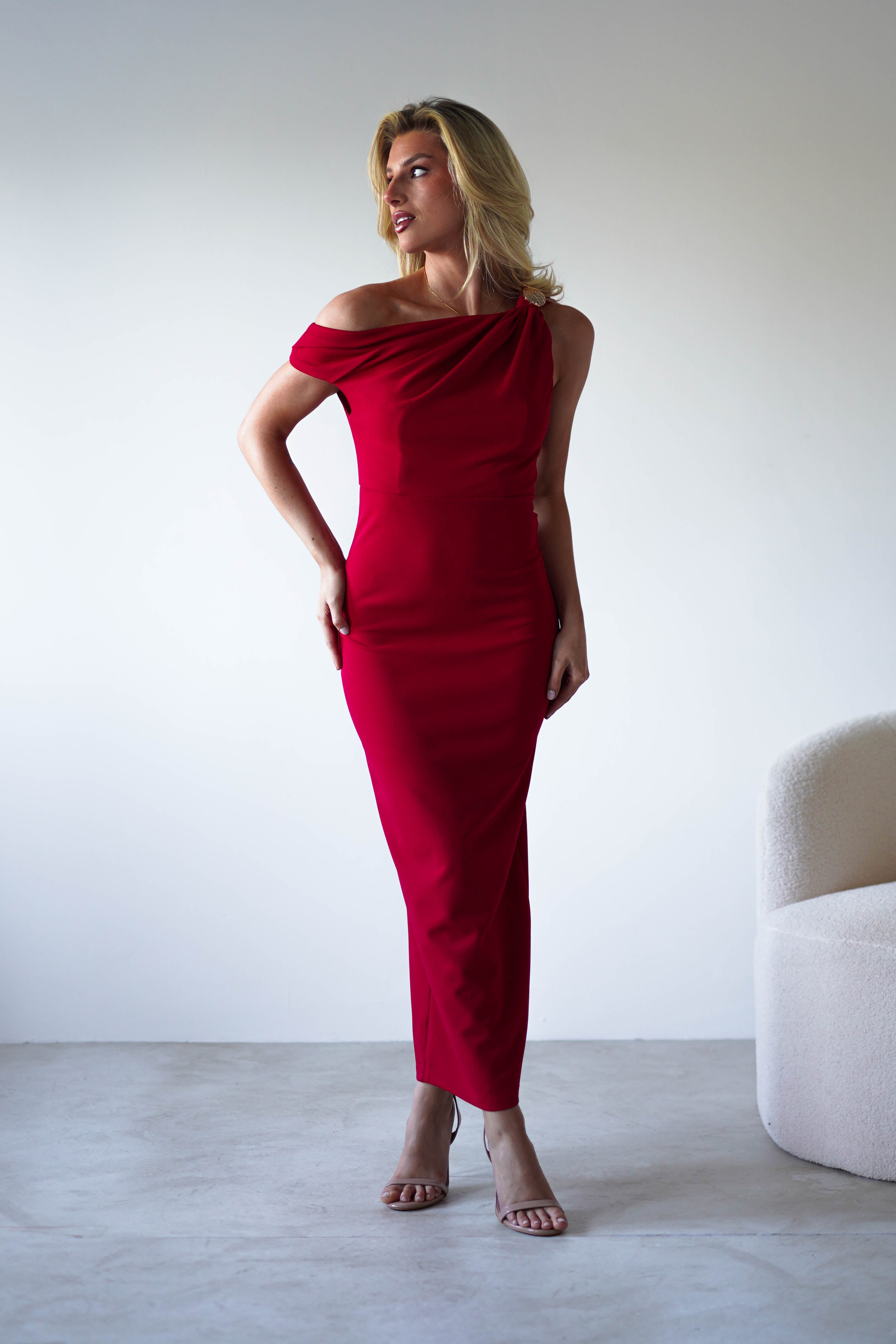 Shayna Off The Shouler Midaxi Red | Wedding Guest Dress | Off Shoulder | Oh Hello Clothing