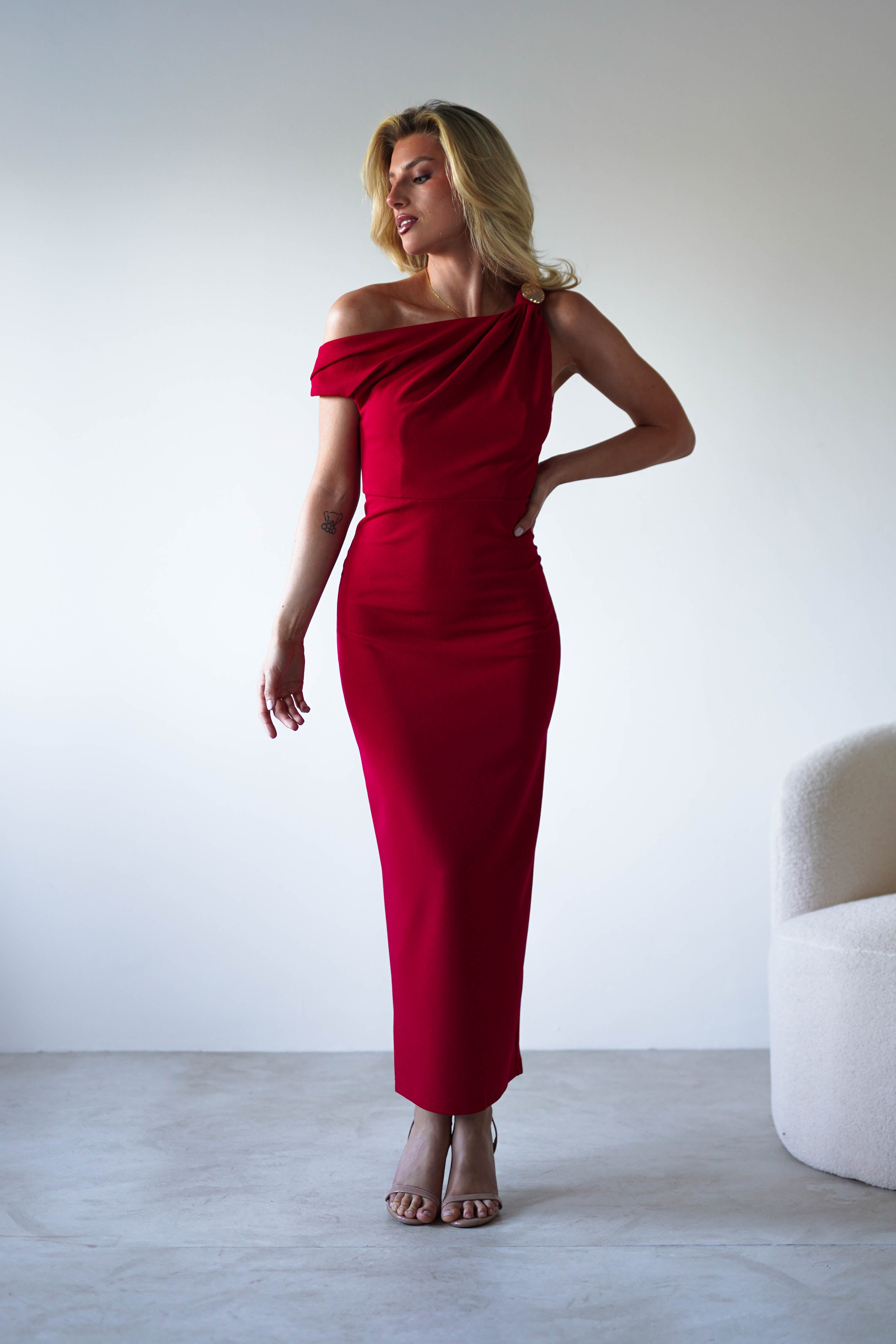 Shayna Off The Shouler Midaxi Red | Wedding Guest Dress | Off Shoulder | Oh Hello Clothing