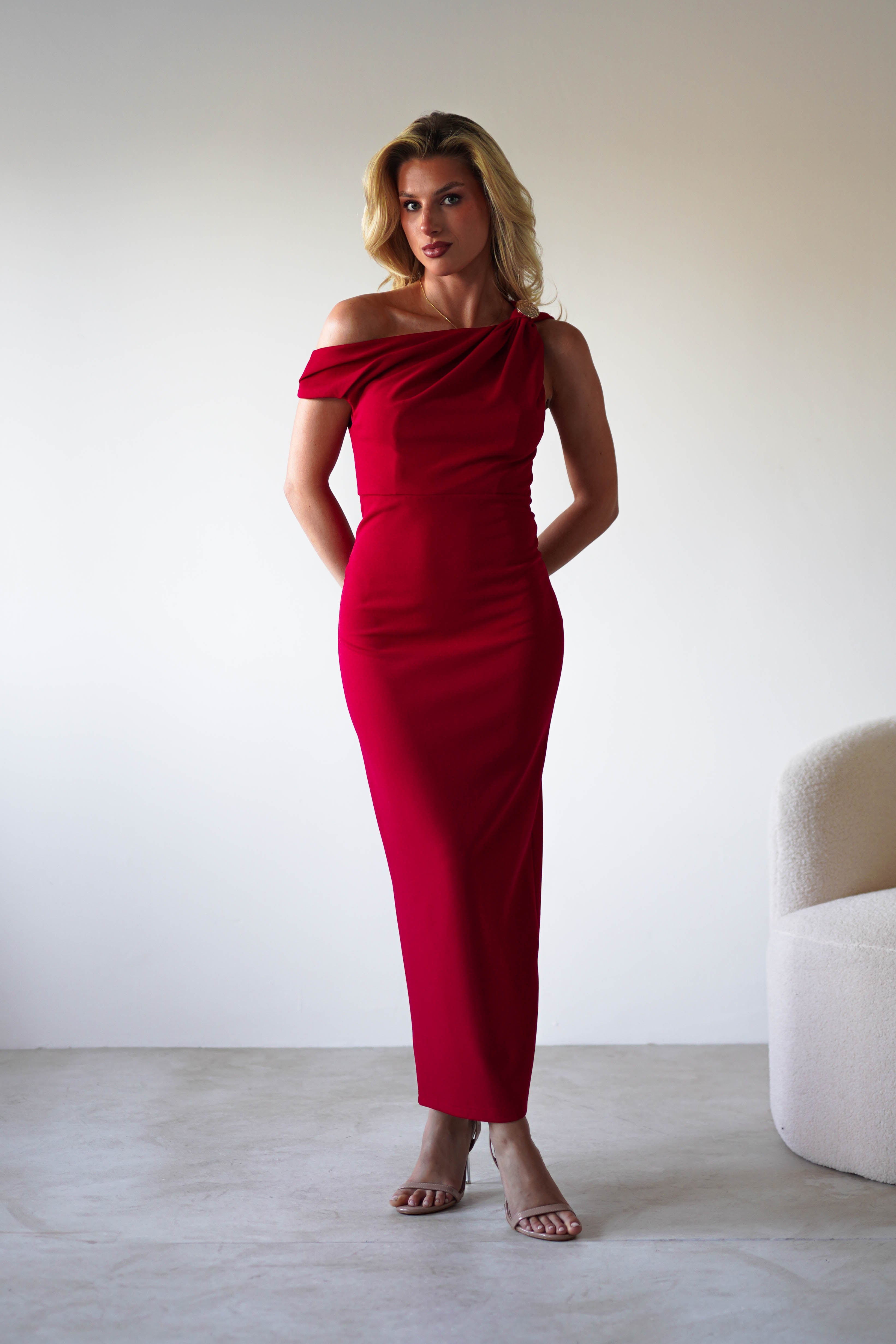 Shayna Off The Shouler Midaxi Red | Wedding Guest Dress | Off Shoulder | Oh Hello Clothing