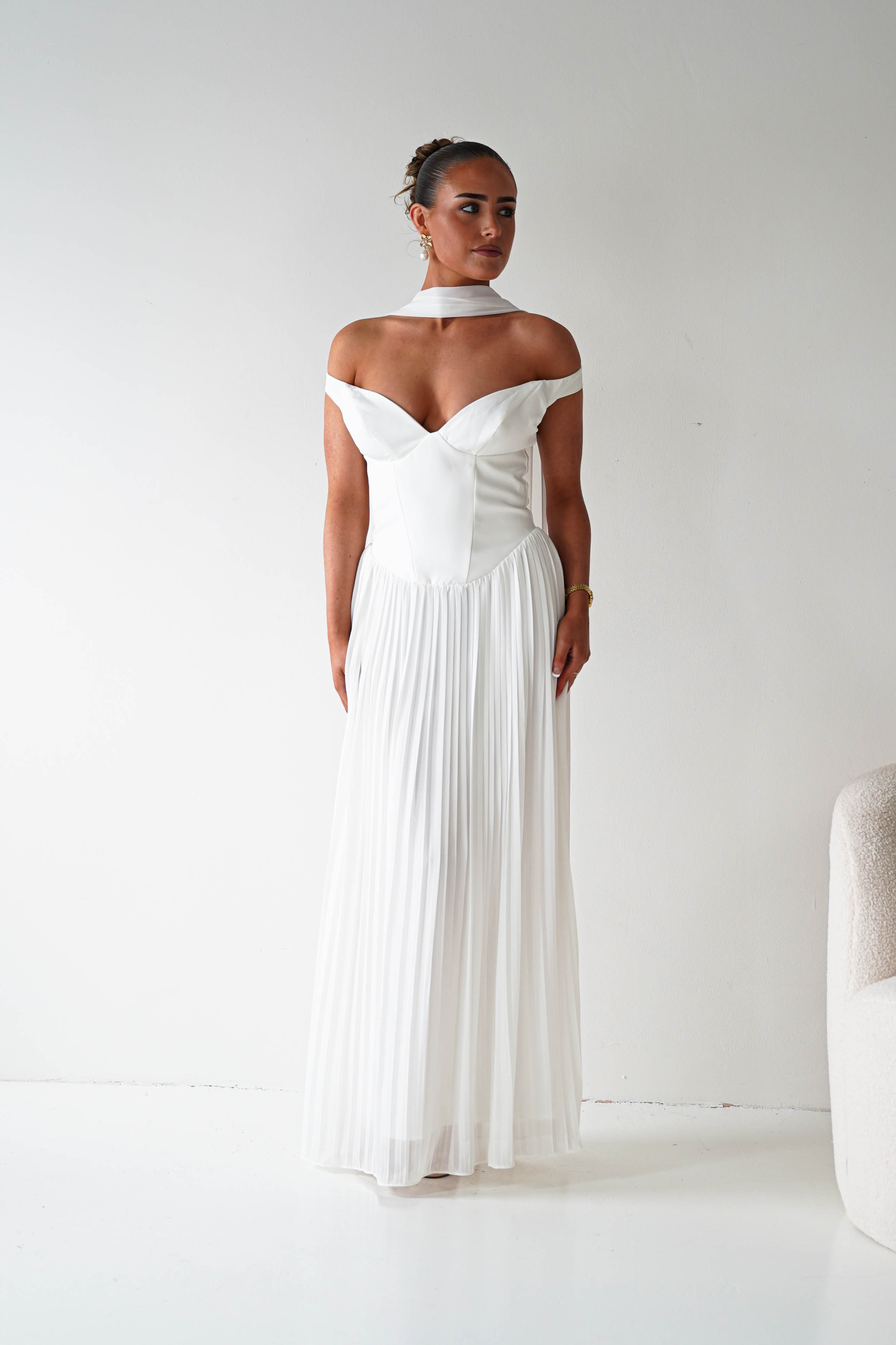 Oh Hello Clothing Women > Clothing > Dresses 1*DONE- Kelsea Off The Shoulder Pleated Maxi Dress |WHITE