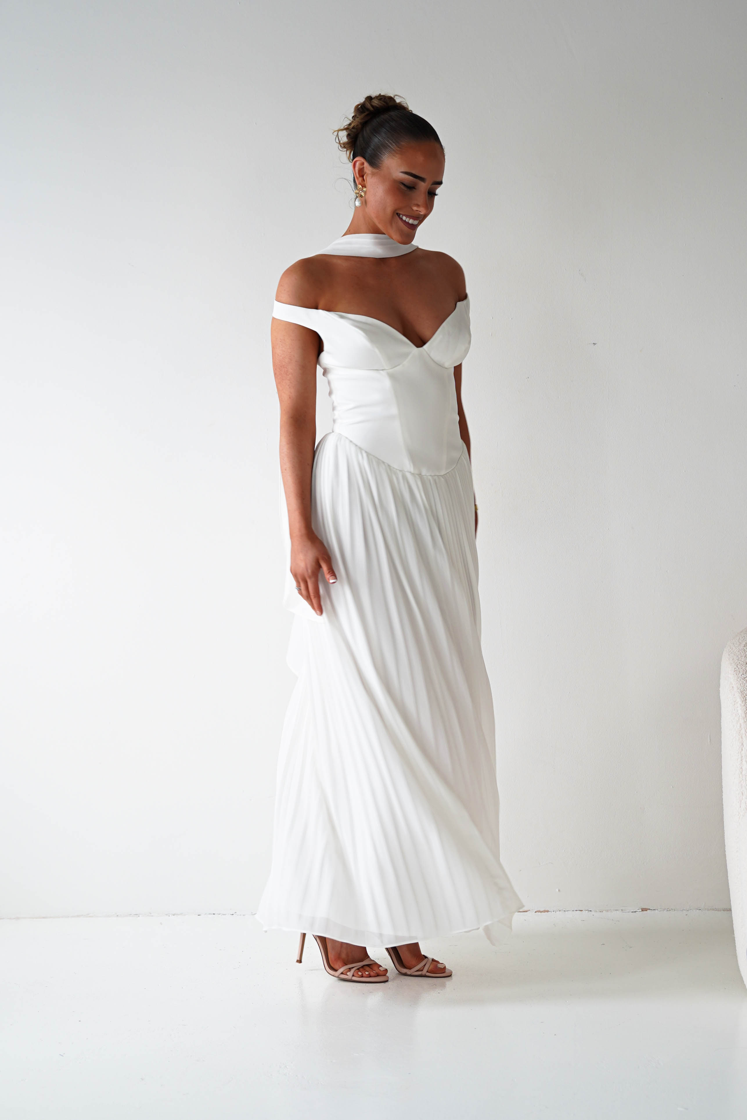 Oh Hello Clothing Women > Clothing > Dresses 1*DONE- Kelsea Off The Shoulder Pleated Maxi Dress |WHITE