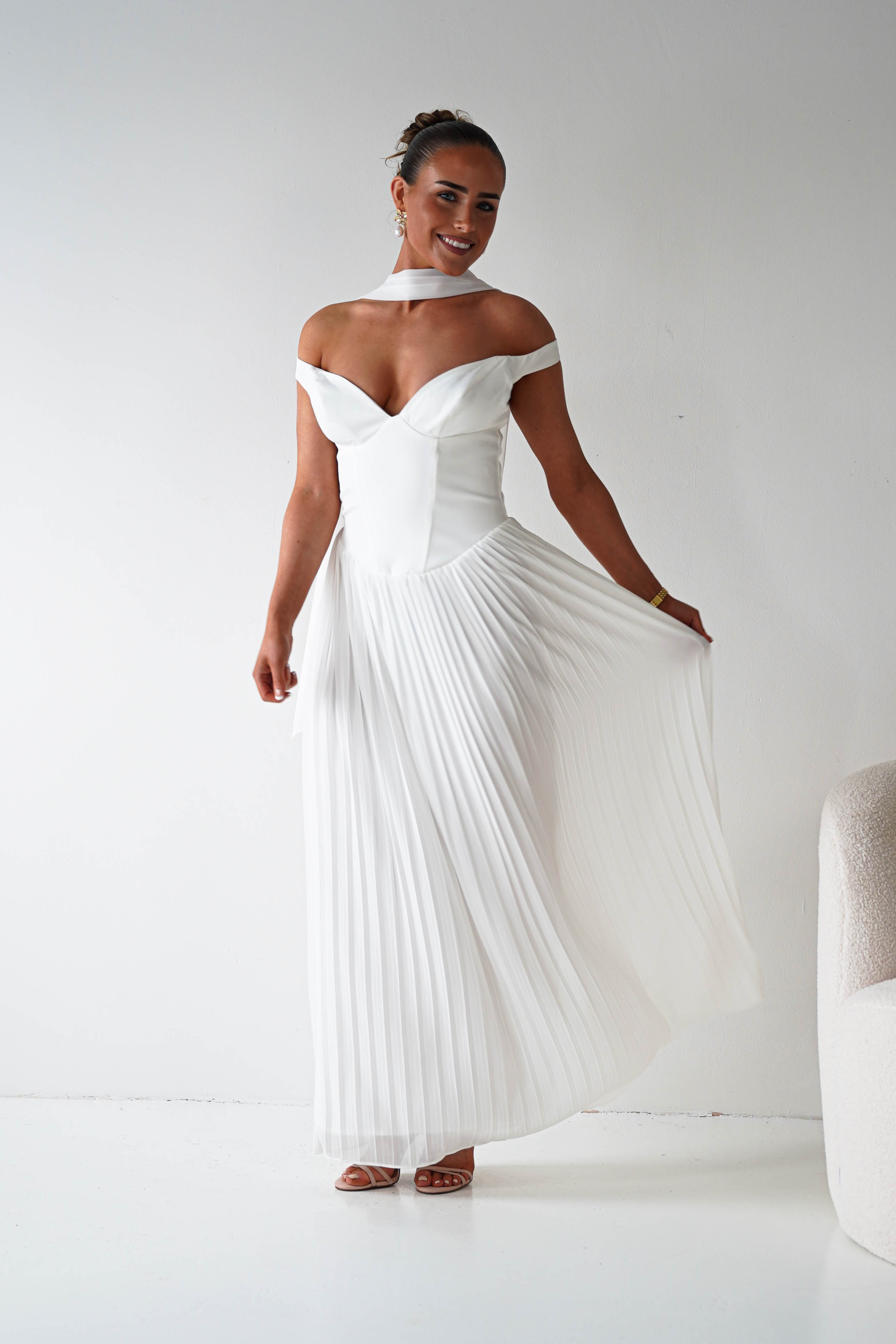 Oh Hello Clothing Women > Clothing > Dresses 1*DONE- Kelsea Off The Shoulder Pleated Maxi Dress |WHITE