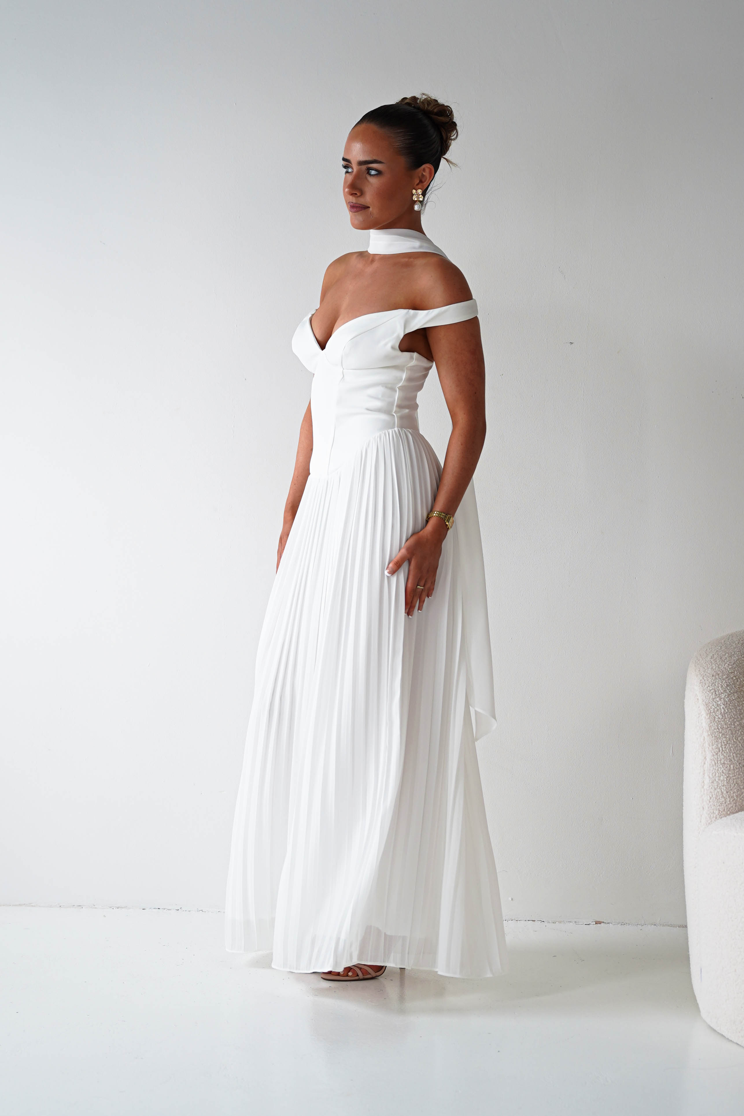 Oh Hello Clothing Women > Clothing > Dresses 1*DONE- Kelsea Off The Shoulder Pleated Maxi Dress |WHITE