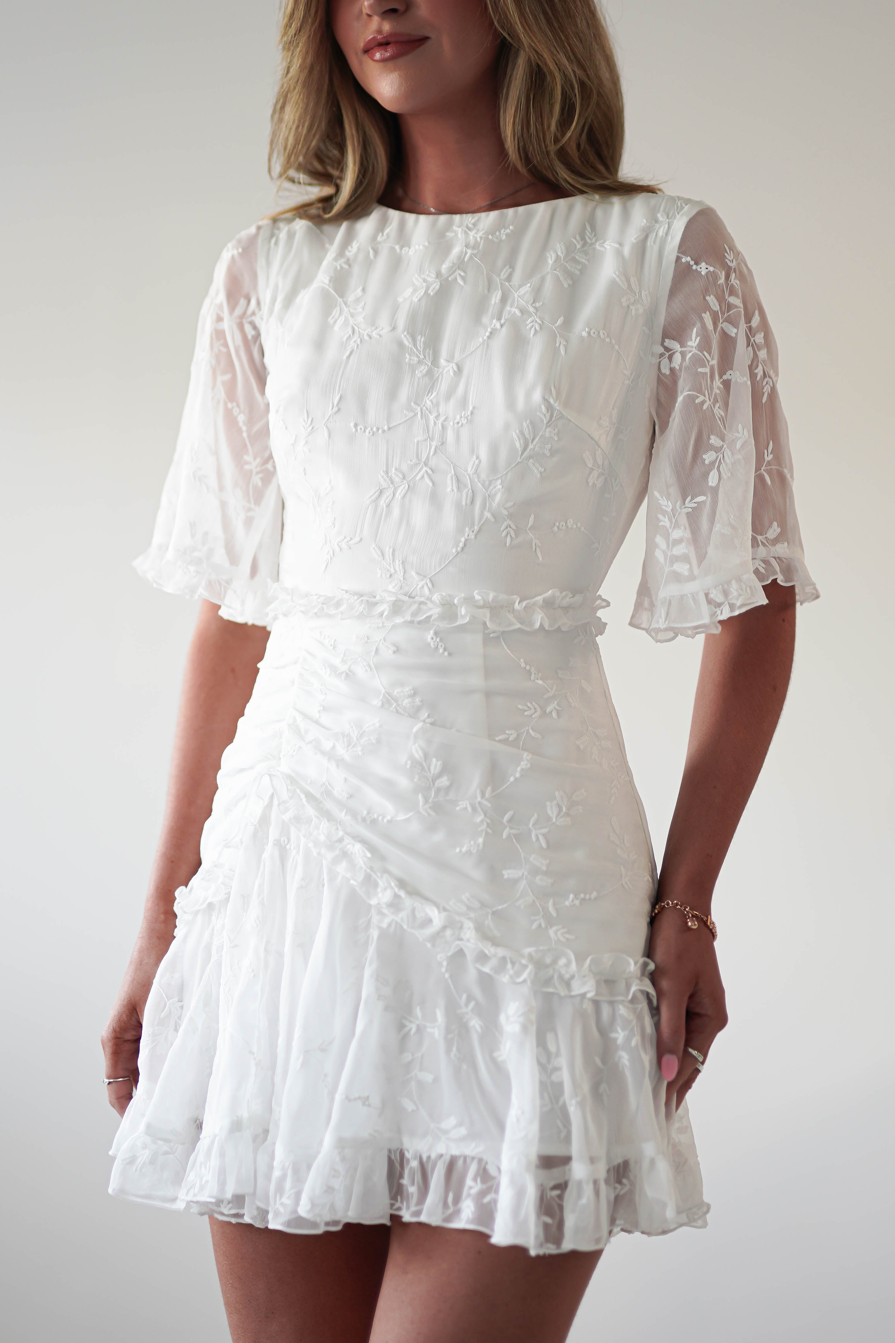 Amélie Boho Lace Detail Mini Dress | White | Graduation | Bride To Be Hen Dress | Oh Hello Clothing