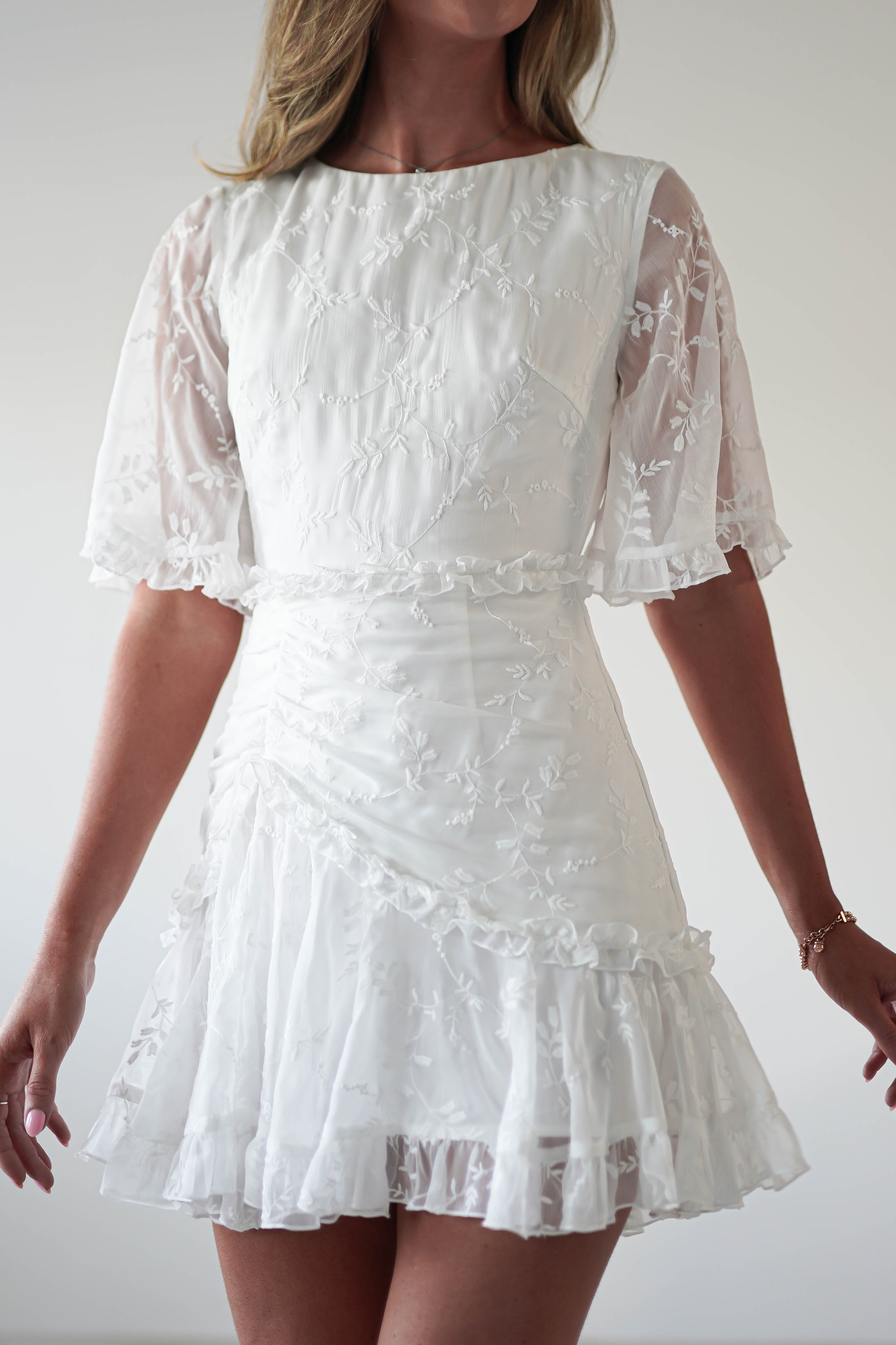 Amélie Boho Lace Detail Mini Dress | White | Graduation | Bride To Be Hen Dress | Oh Hello Clothing