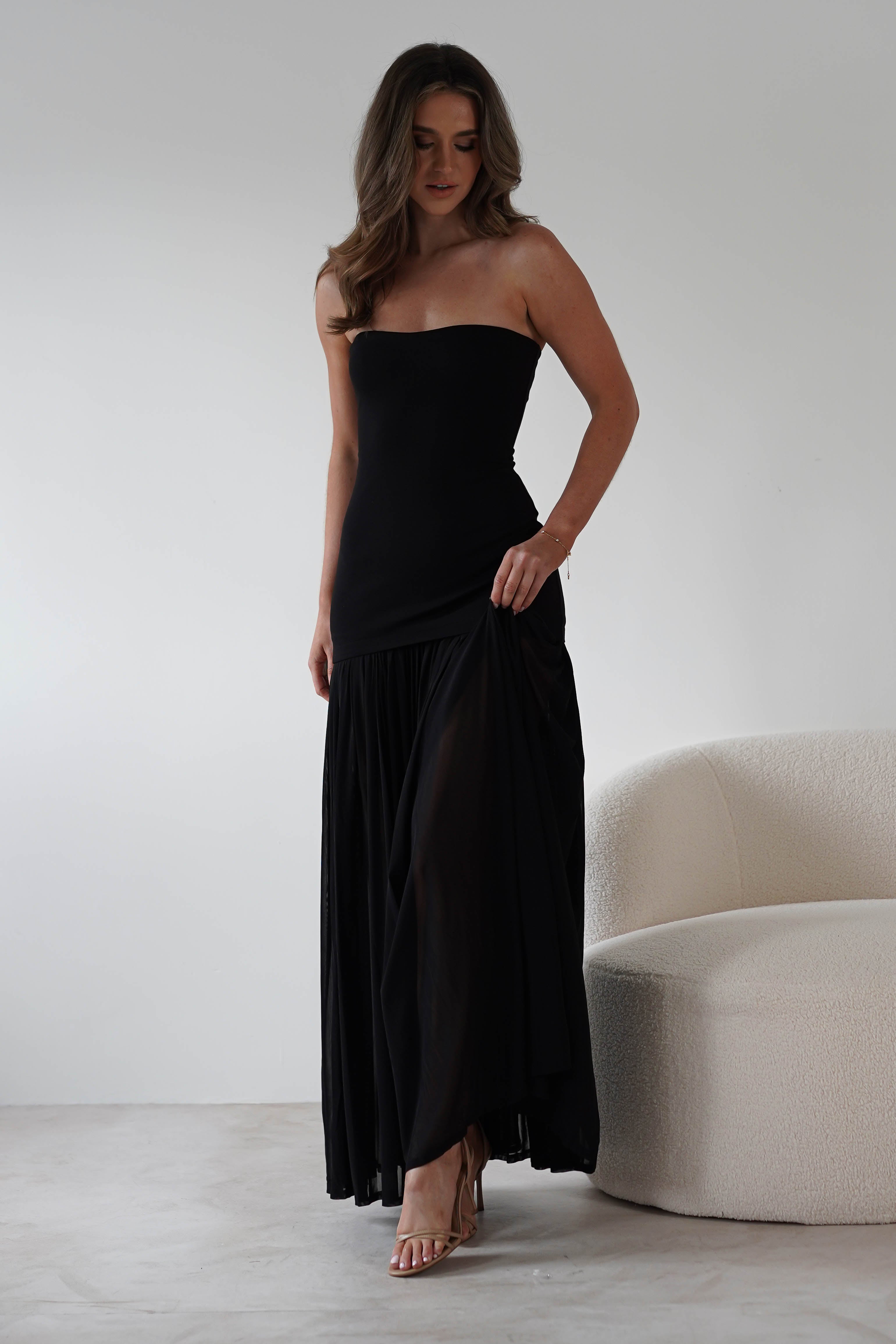 Mel Strapless Chiffon Skirt Maxi Dress Black | Wedding Guest Dress | Maxi | Chiffon | Oh Hello Clothing