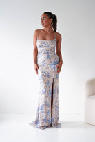 Oh Hello Clothing Women > Clothing > Dresses 1*DONE -LOVESOME-CD30630-1-Blue Floral Sequin Maxi Dress with Lace-Up Back